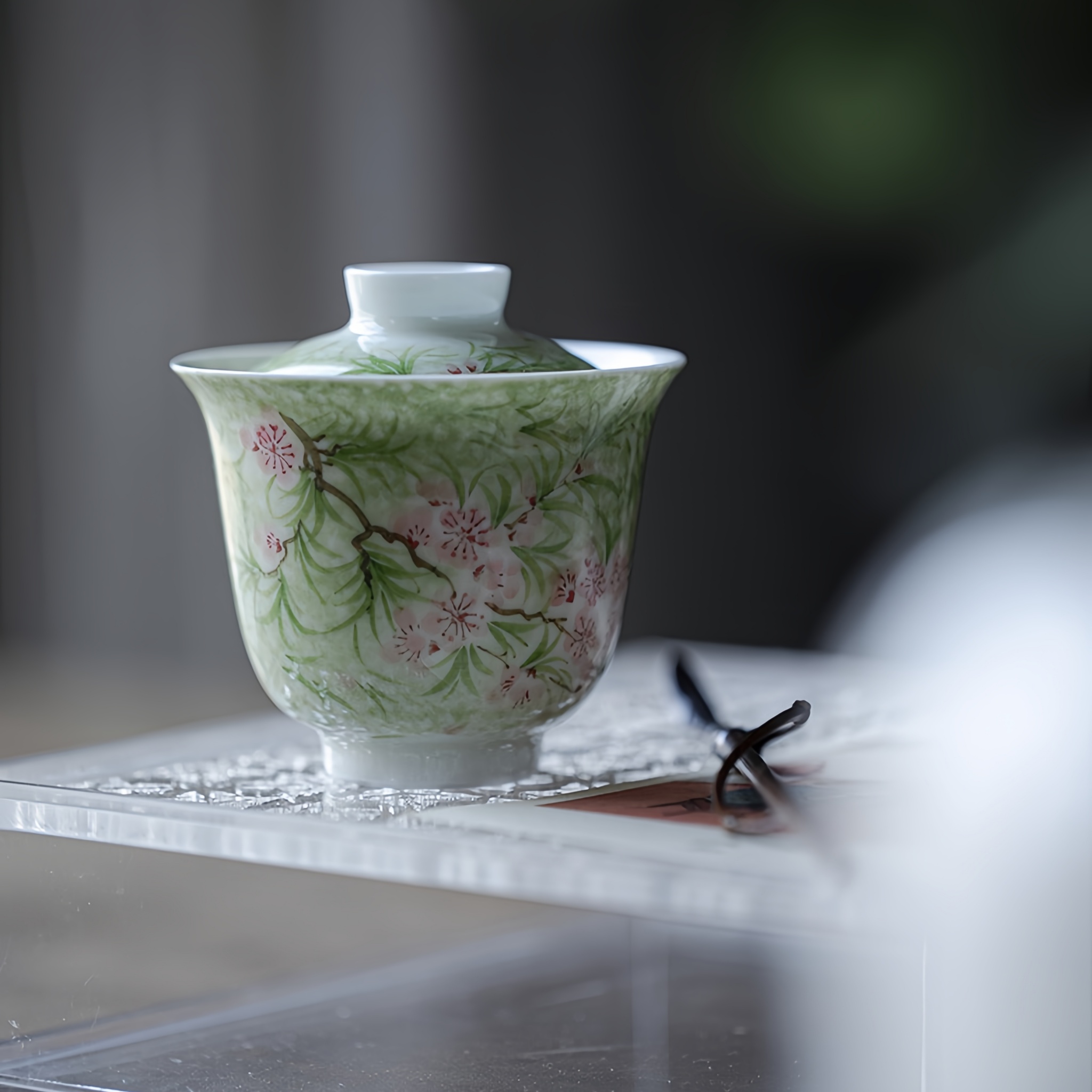 Vibrant Spring Jade-White Porcelain Hand Painted Gongfu Gaiwan