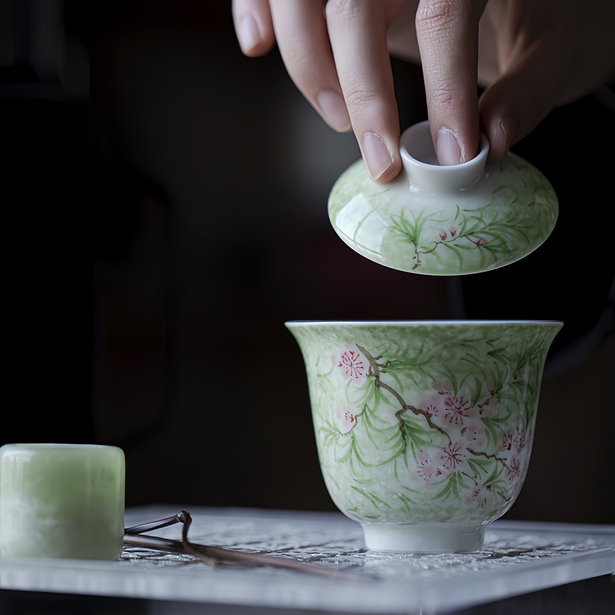 Vibrant Spring Jade-White Porcelain Hand Painted Gongfu Gaiwan