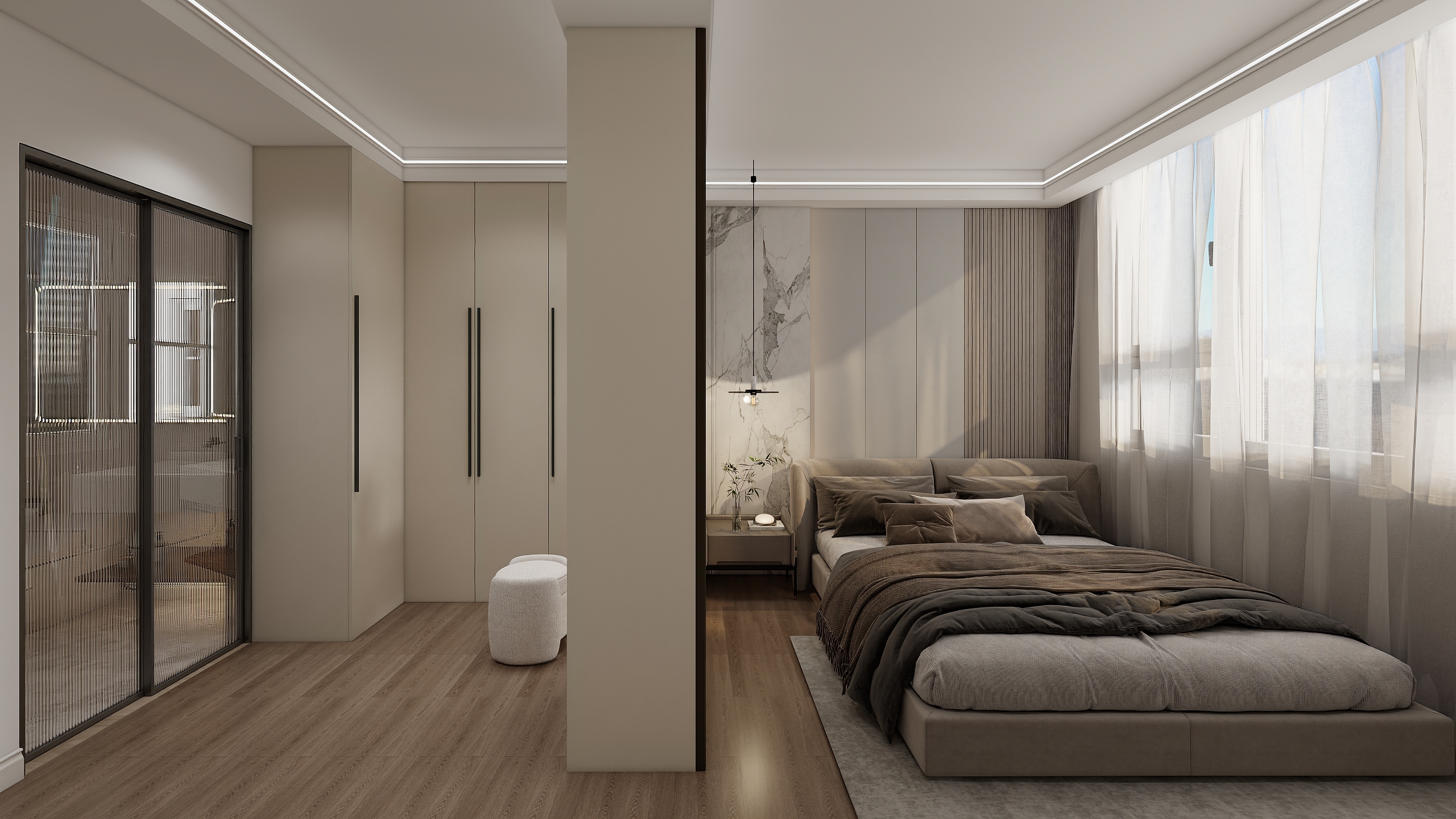 Evening ambiance in X-Bond&rsquo;s dressing area with linear ceiling lights creating warm glow