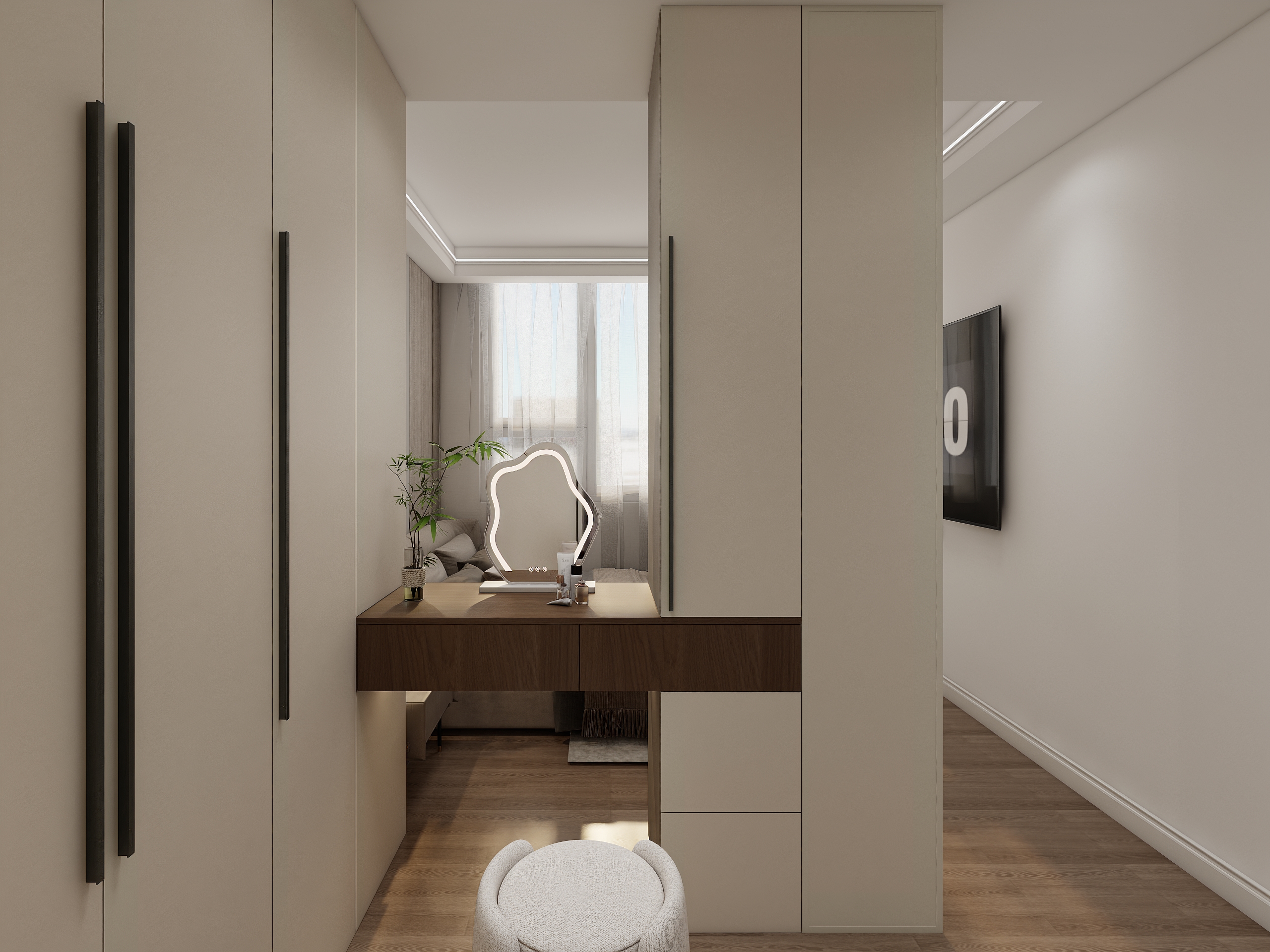 Natural light from bedroom windows illuminating X-Bond&rsquo;s vanity counter and sheer curtains