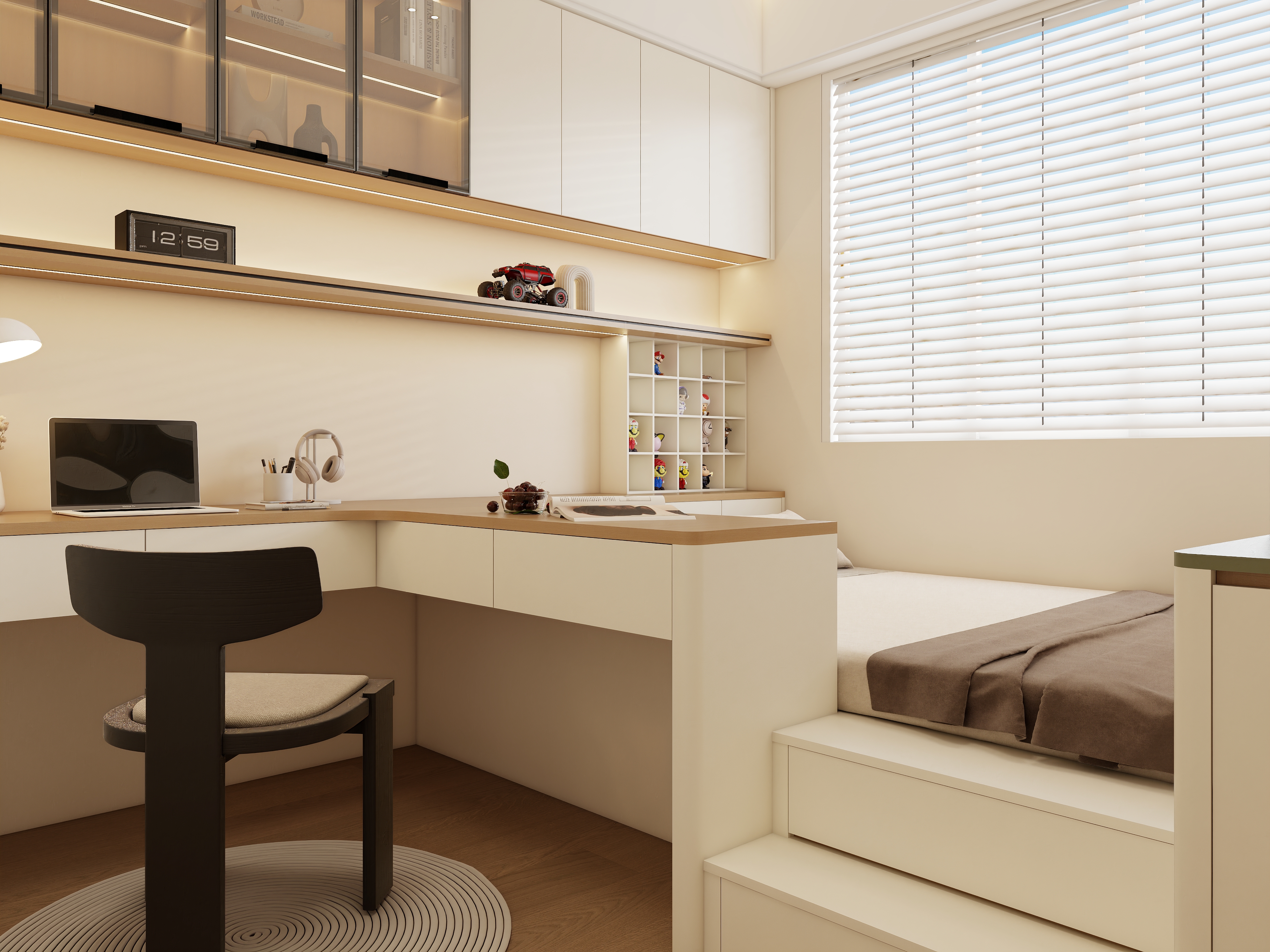 X-Bond&rsquo;s multifunctional zone: study desk with task lamp, bed with grey blanket, and modular display shelves