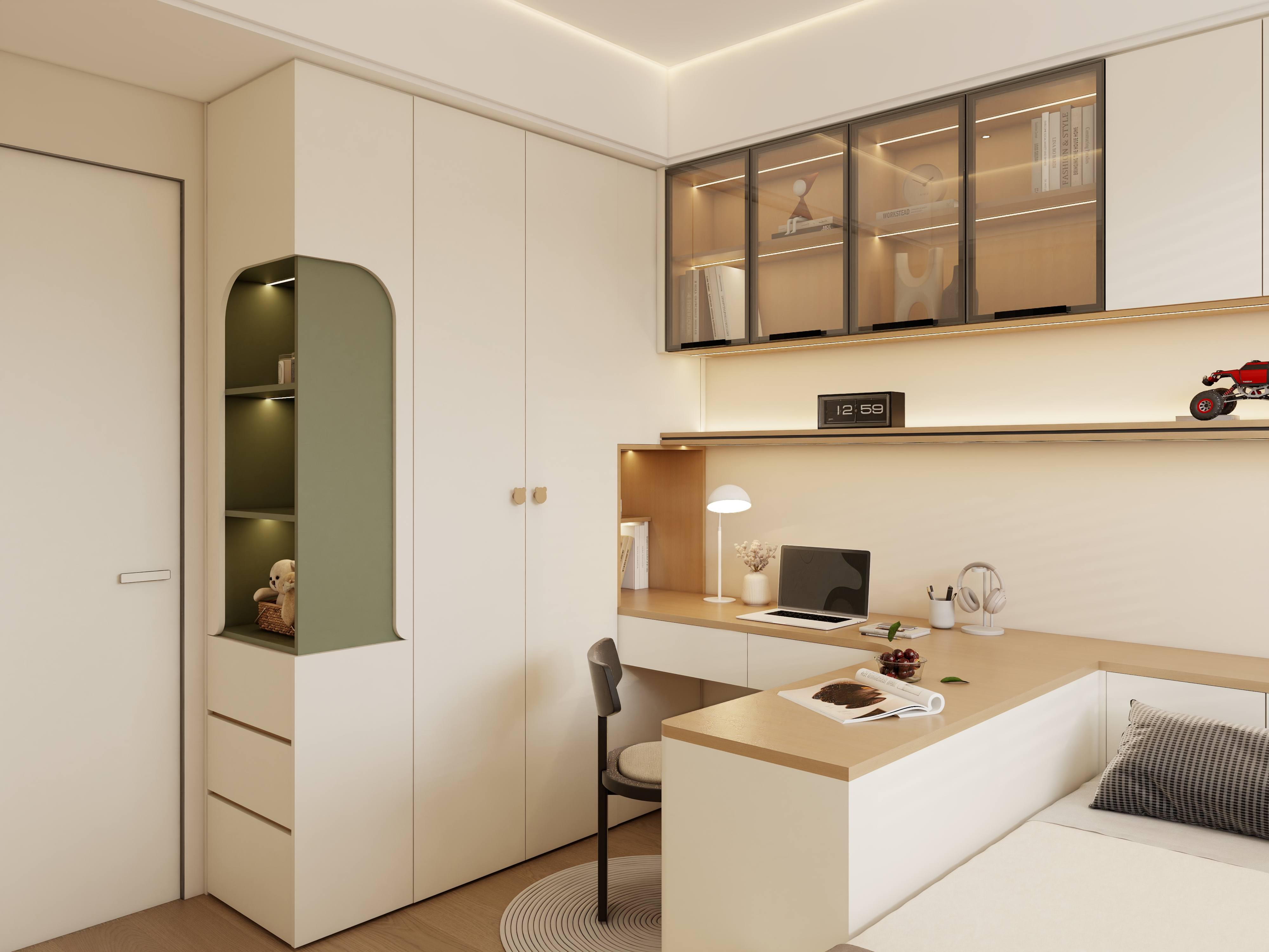 Modern storage wall by X-Bond: white curved-door wardrobe, open shelves with panda plush, and green pegboard