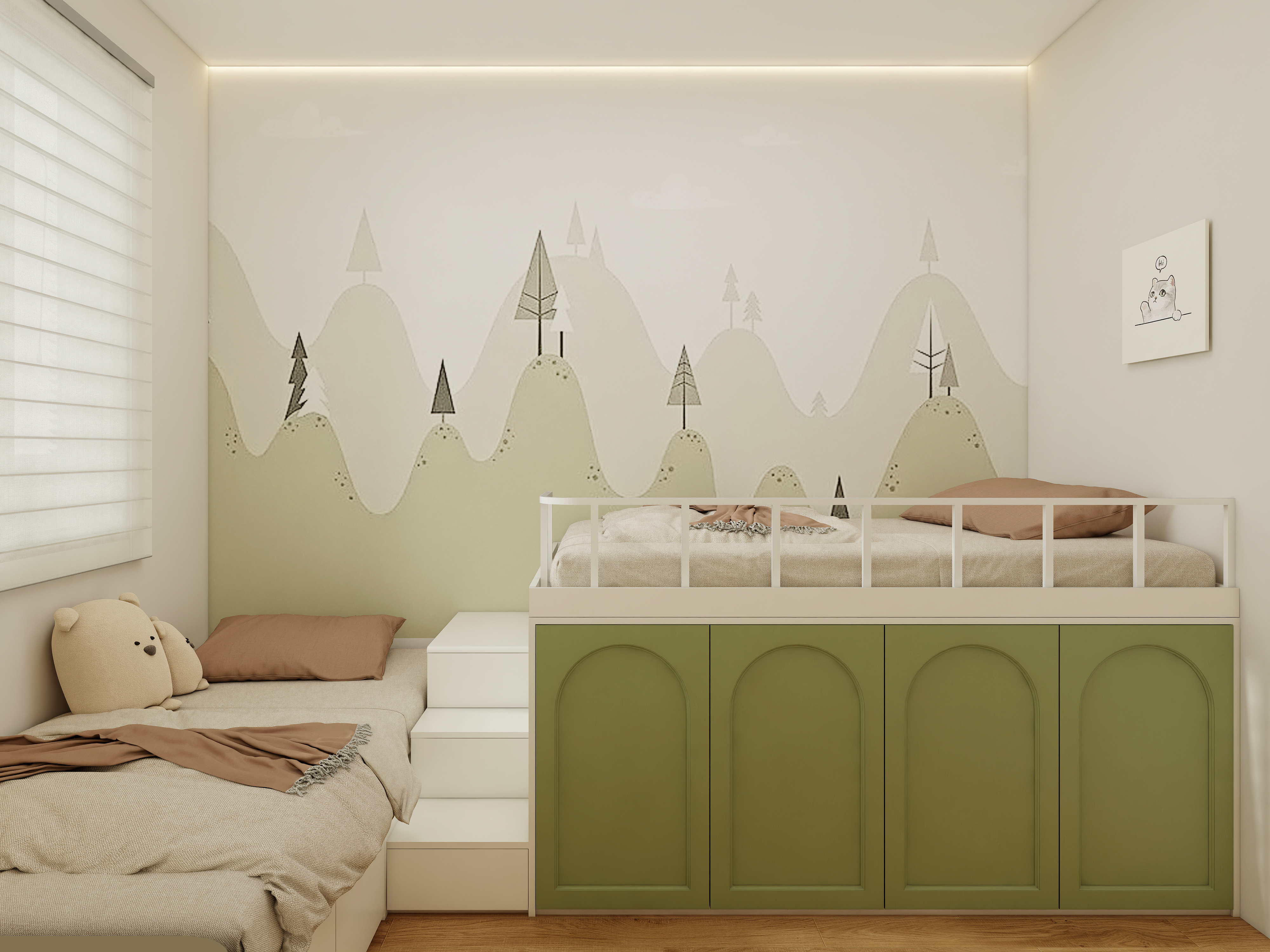 X-Bond white study desk with green character chair and open book in a modern kids’ room