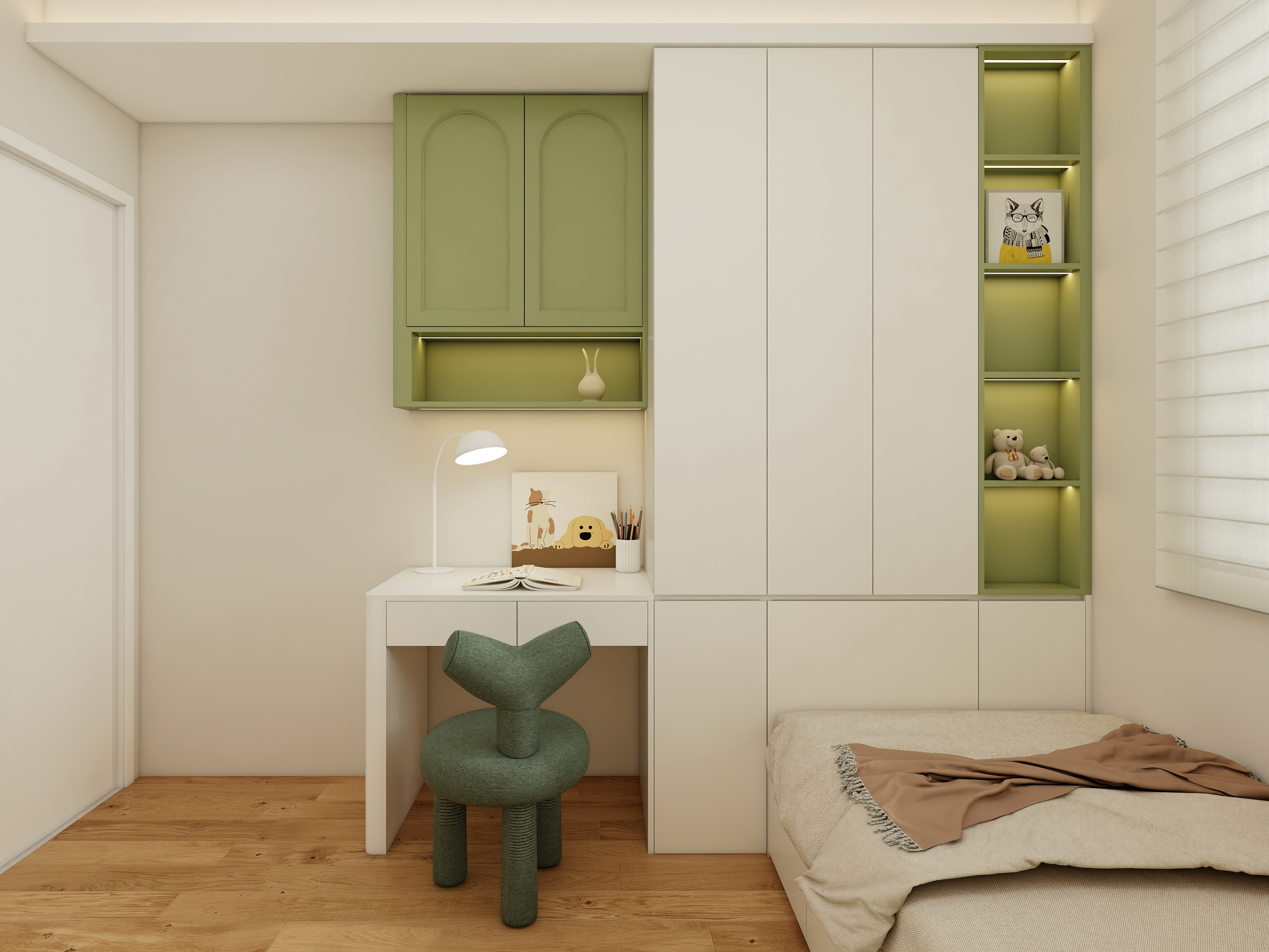 Green arched storage cabinet under X-Bond’s bunk bed with soft beige bedding and plush bear pillow