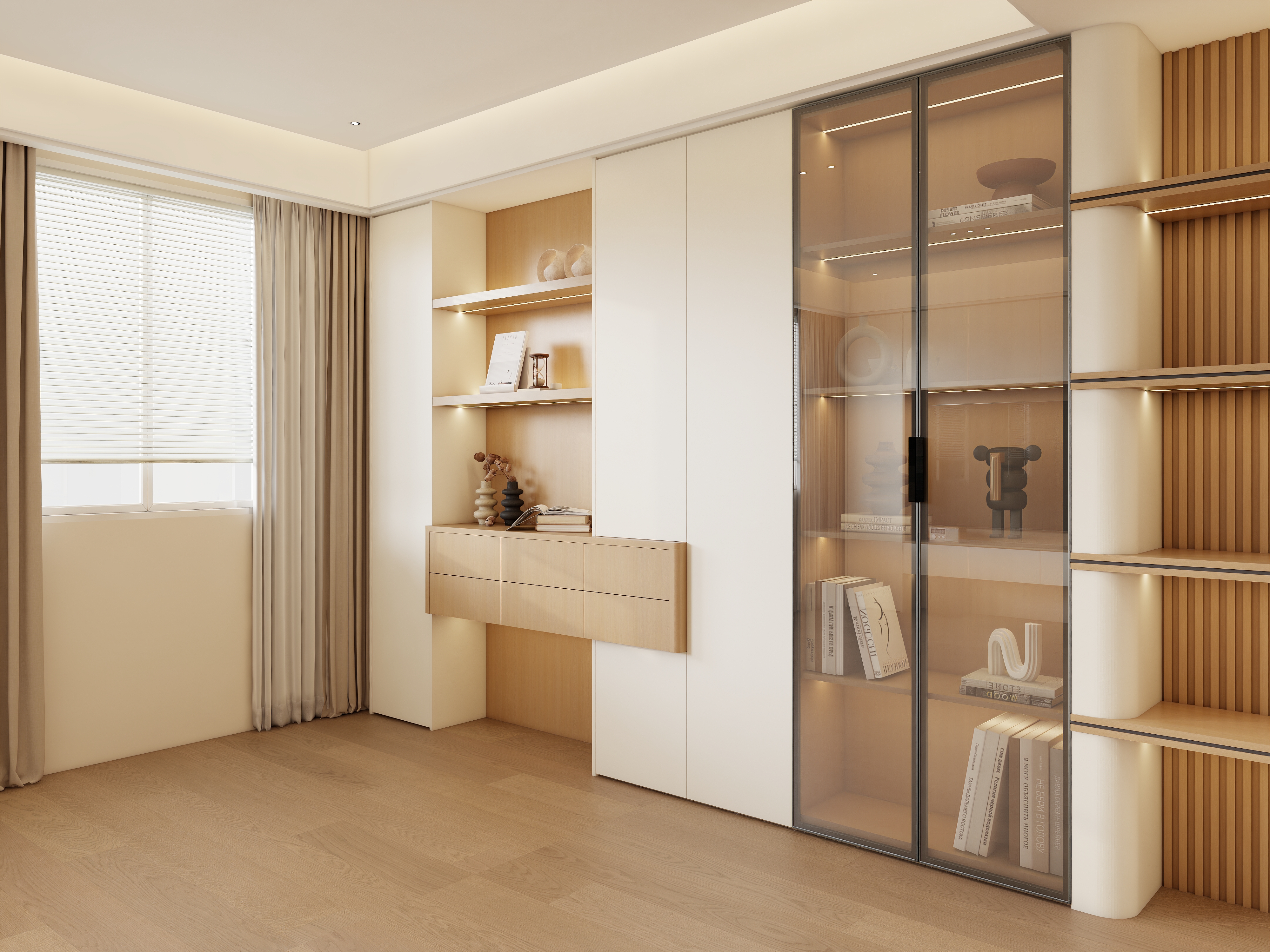 X-Bond&rsquo;s built-in storage unit: white wardrobe with black handles beside wooden open shelves for decor