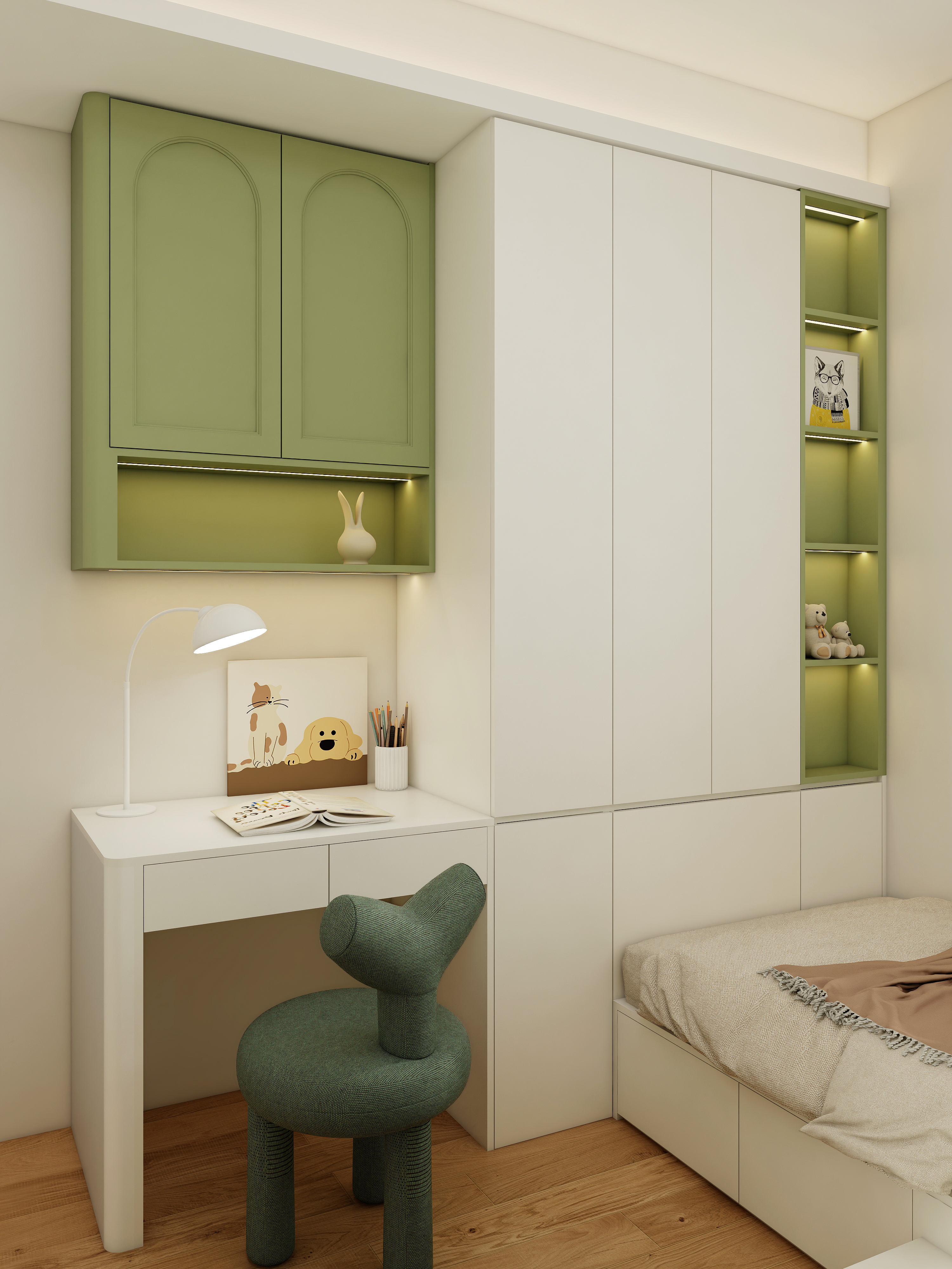 X-Bond&rsquo;s white wardrobe with green open shelves displaying stuffed toys and framed pictures