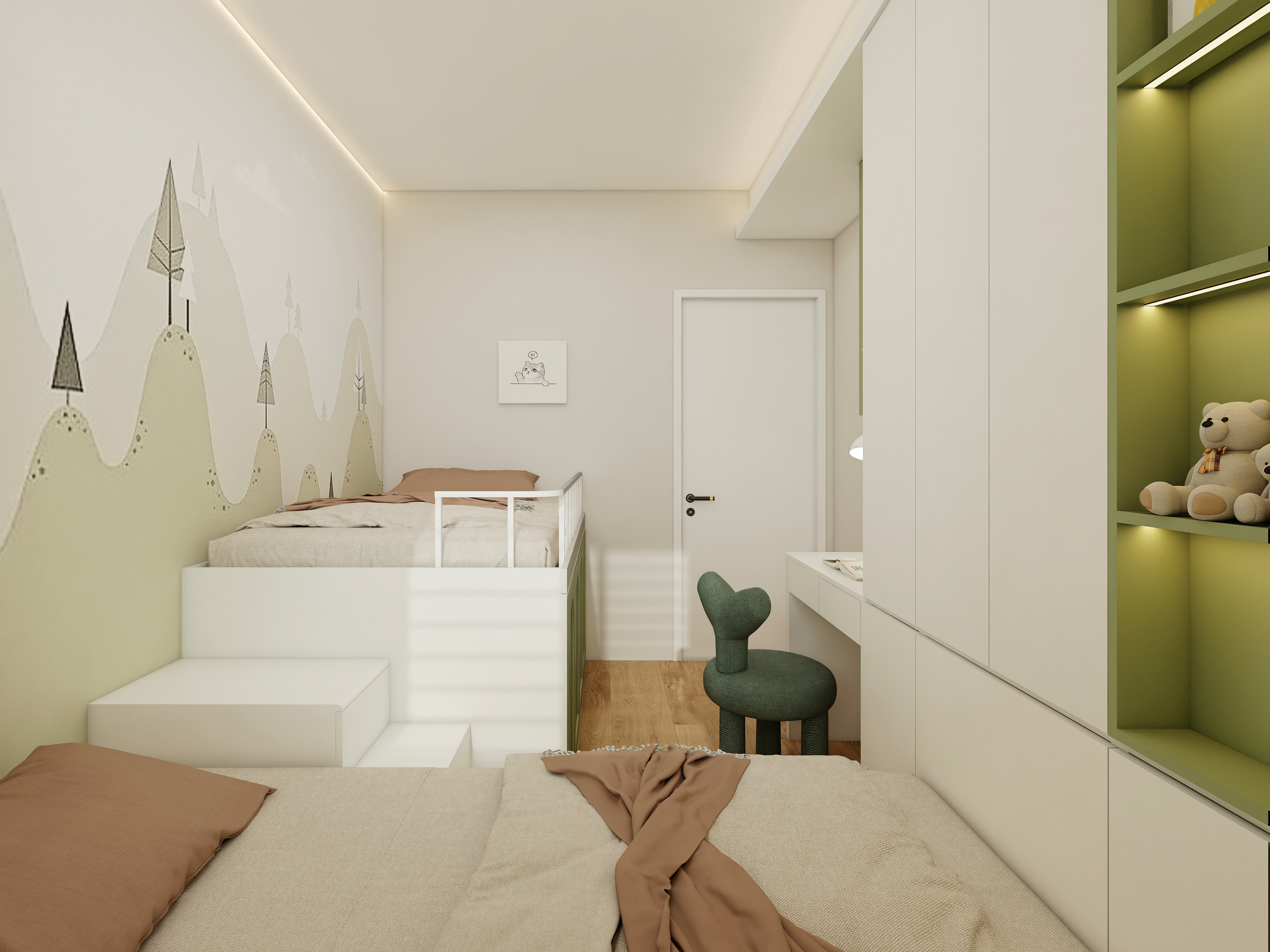 Cartoon character wall art beside X-Bond&rsquo;s bunk bed, enhancing the playful atmosphere