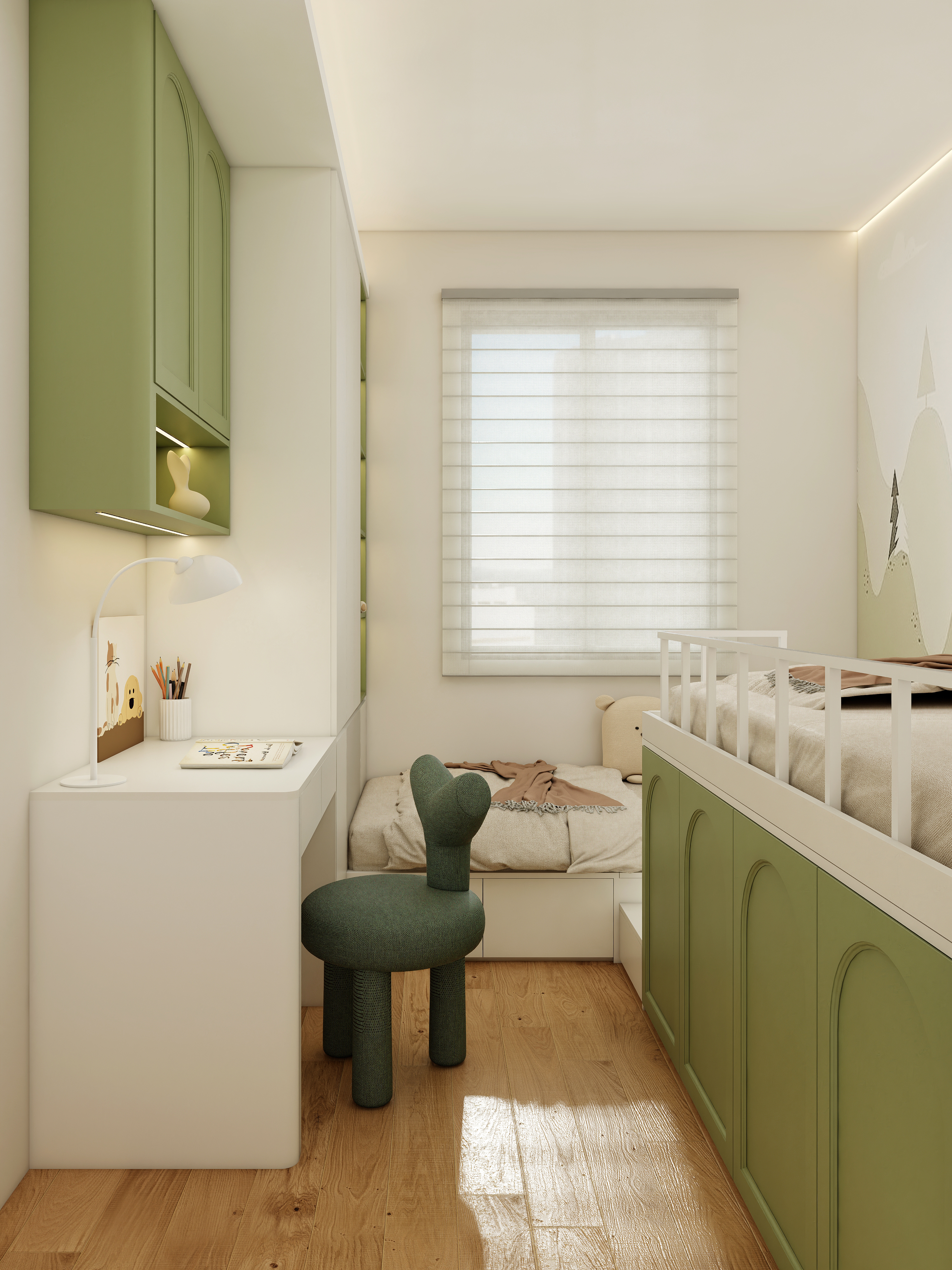 Close-up of X-Bond&rsquo;s green cabinets and open shelf with vase above the white study desk