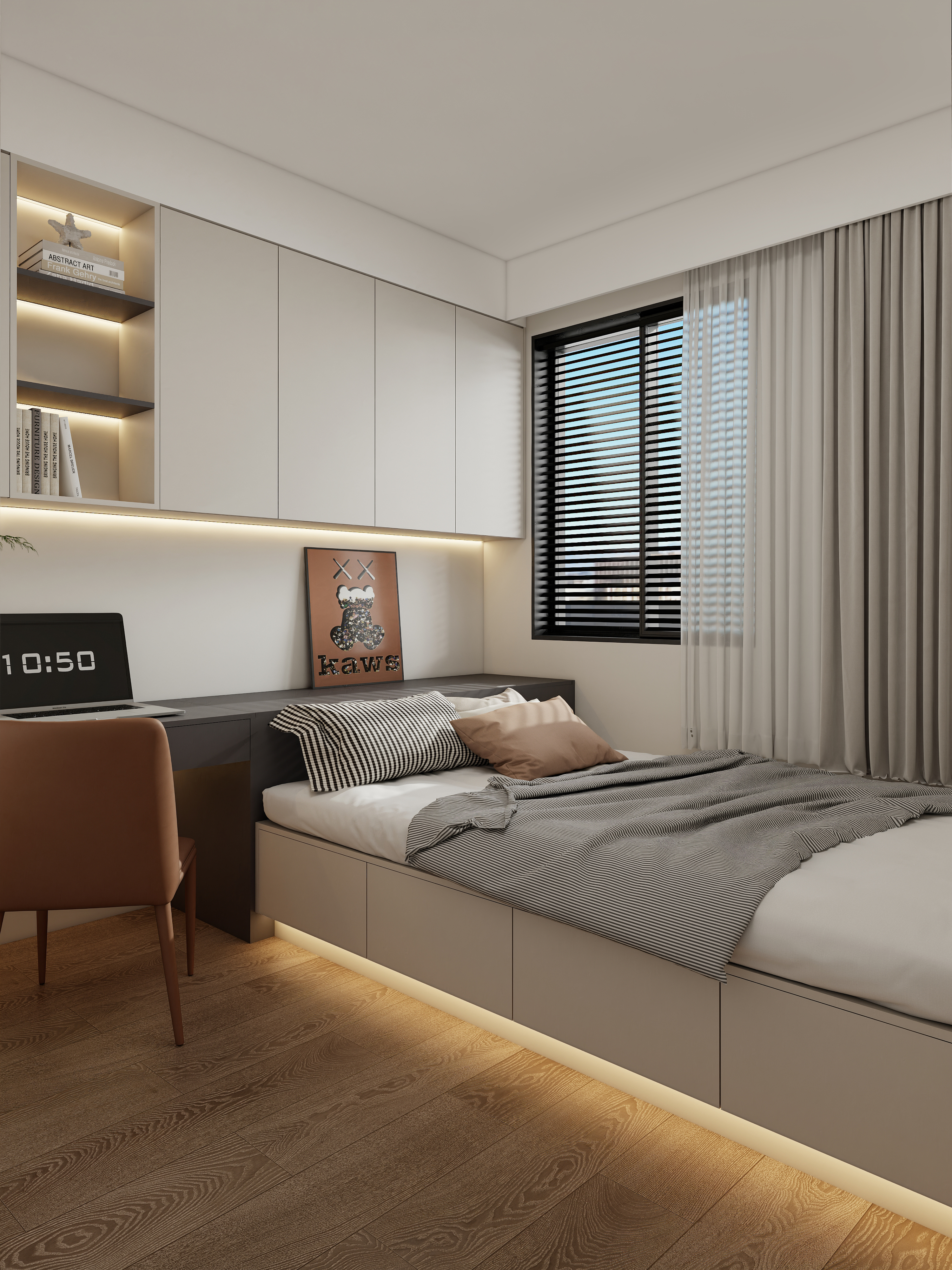 KAWS framed artwork above X-Bond&rsquo;s built-in storage unit with adjustable shelving