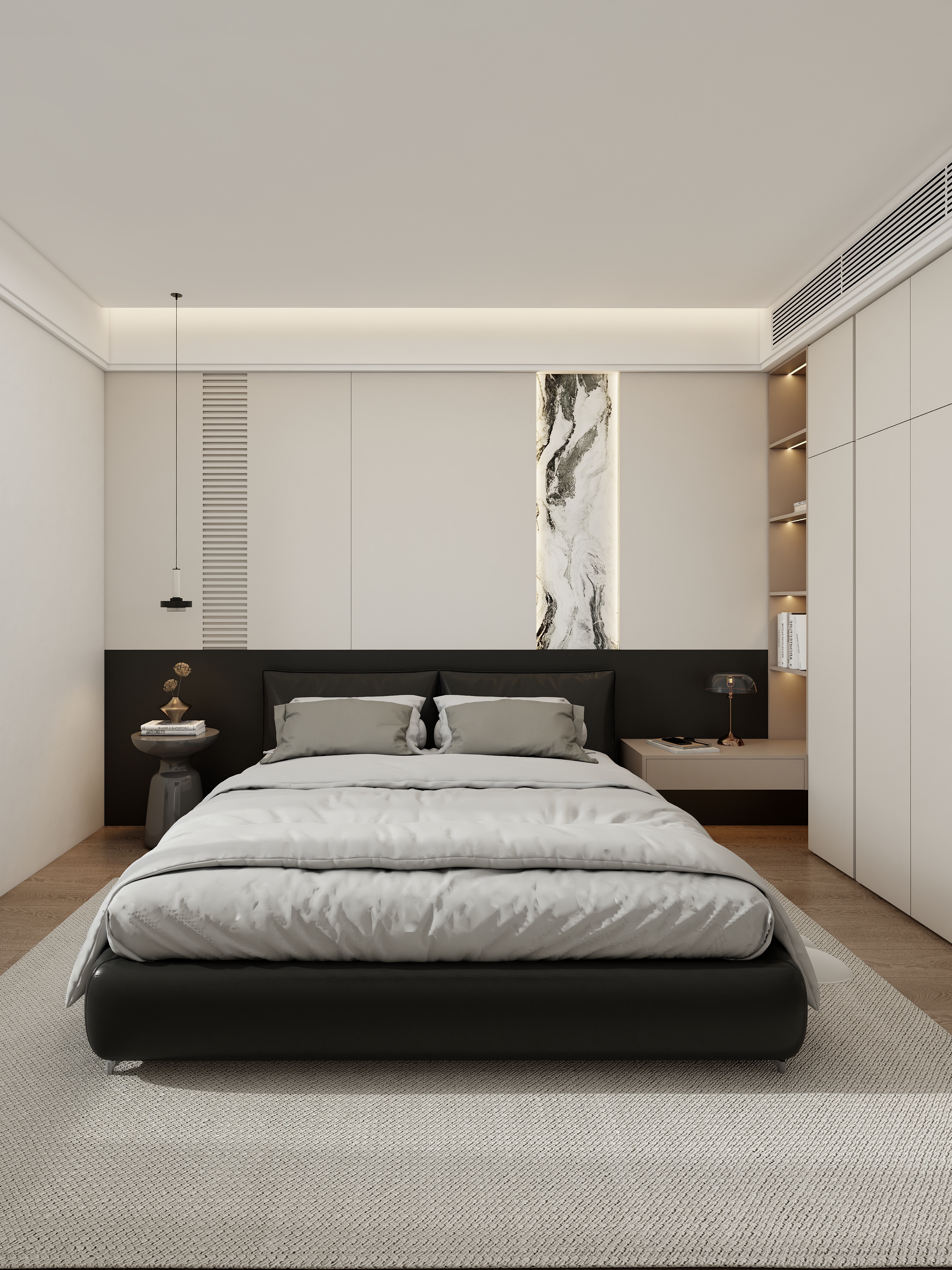 Black upholstered headboard with bedside table and underfloor LED strip lighting in X-Bond bedroom