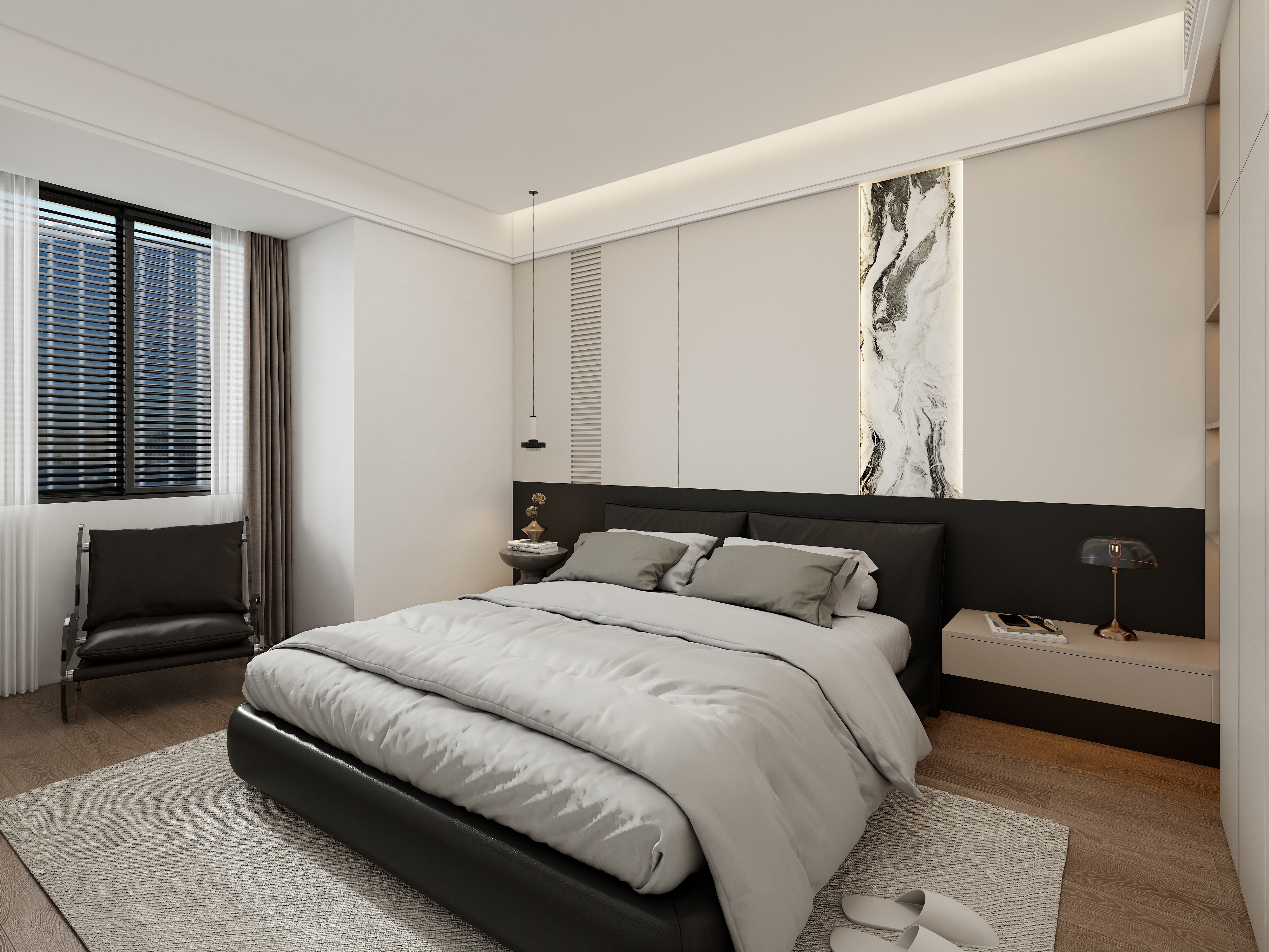 Light grey area rug on natural wood flooring under X-Bond&rsquo;s sleek black bed frame