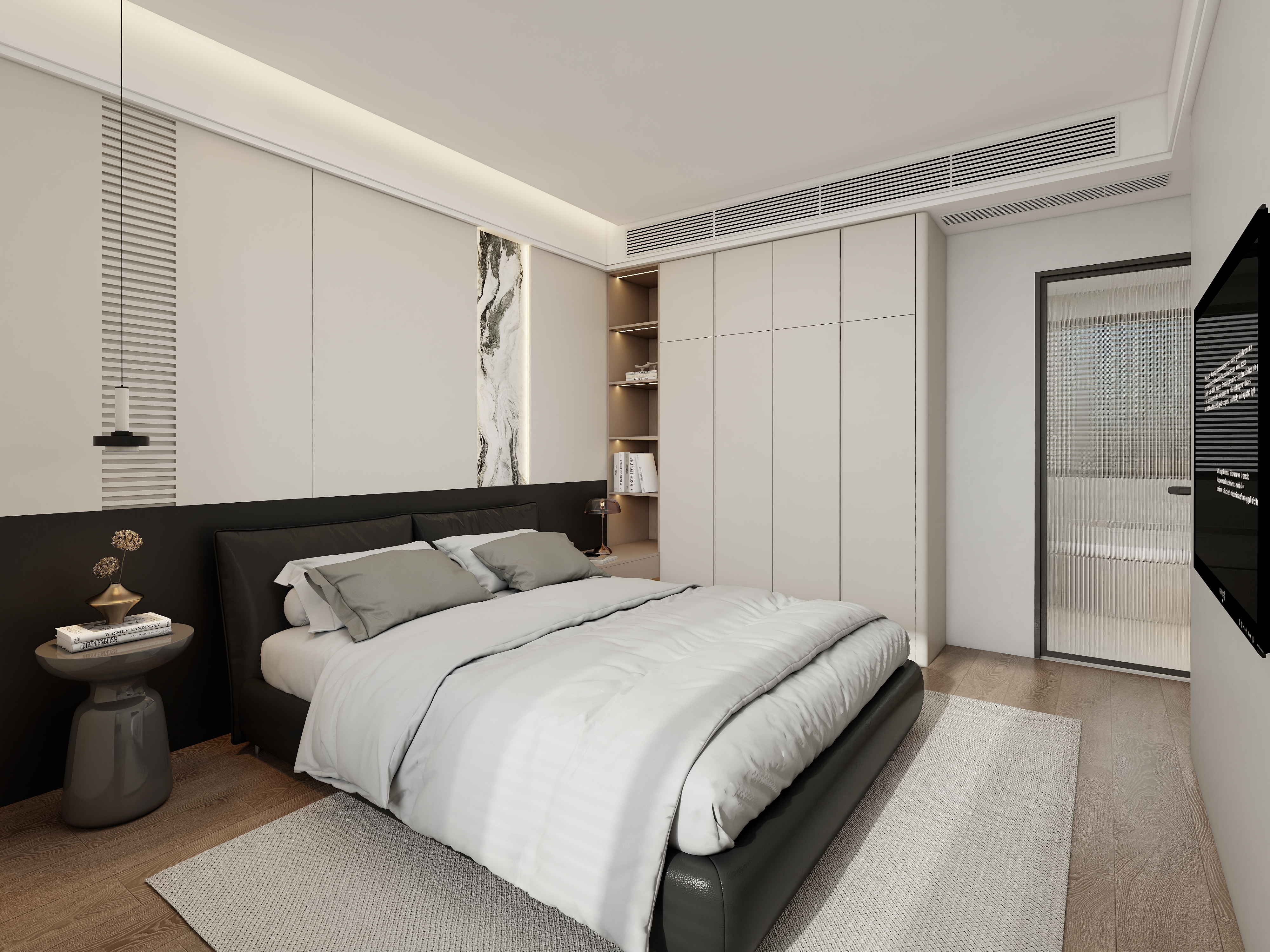 X-Bond wardrobe with light beige flat-panel doors and integrated side shelving for books and decor