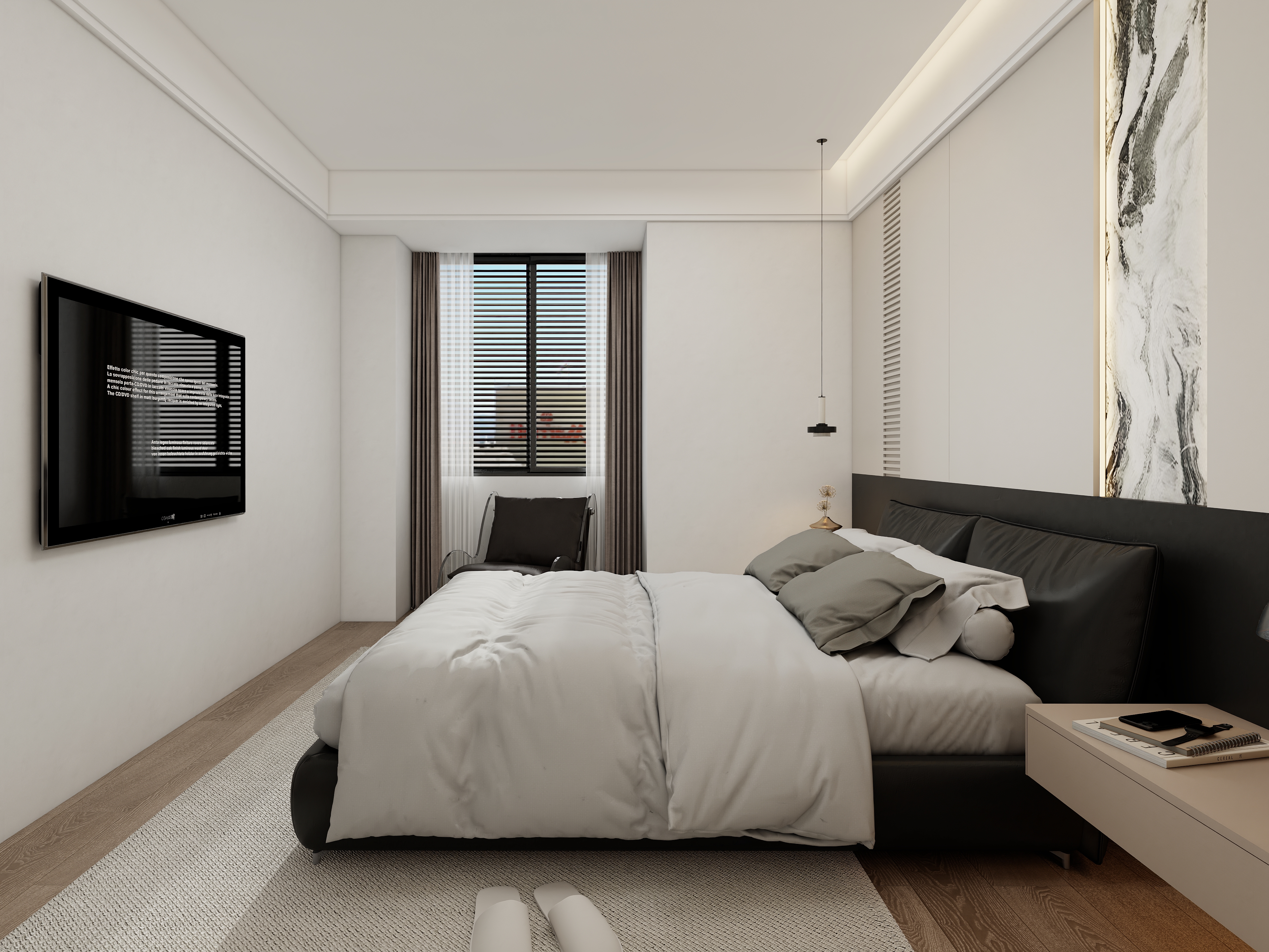 Recessed ceiling lights and pendant fixtures illuminating X-Bond&rsquo;s contemporary bedroom