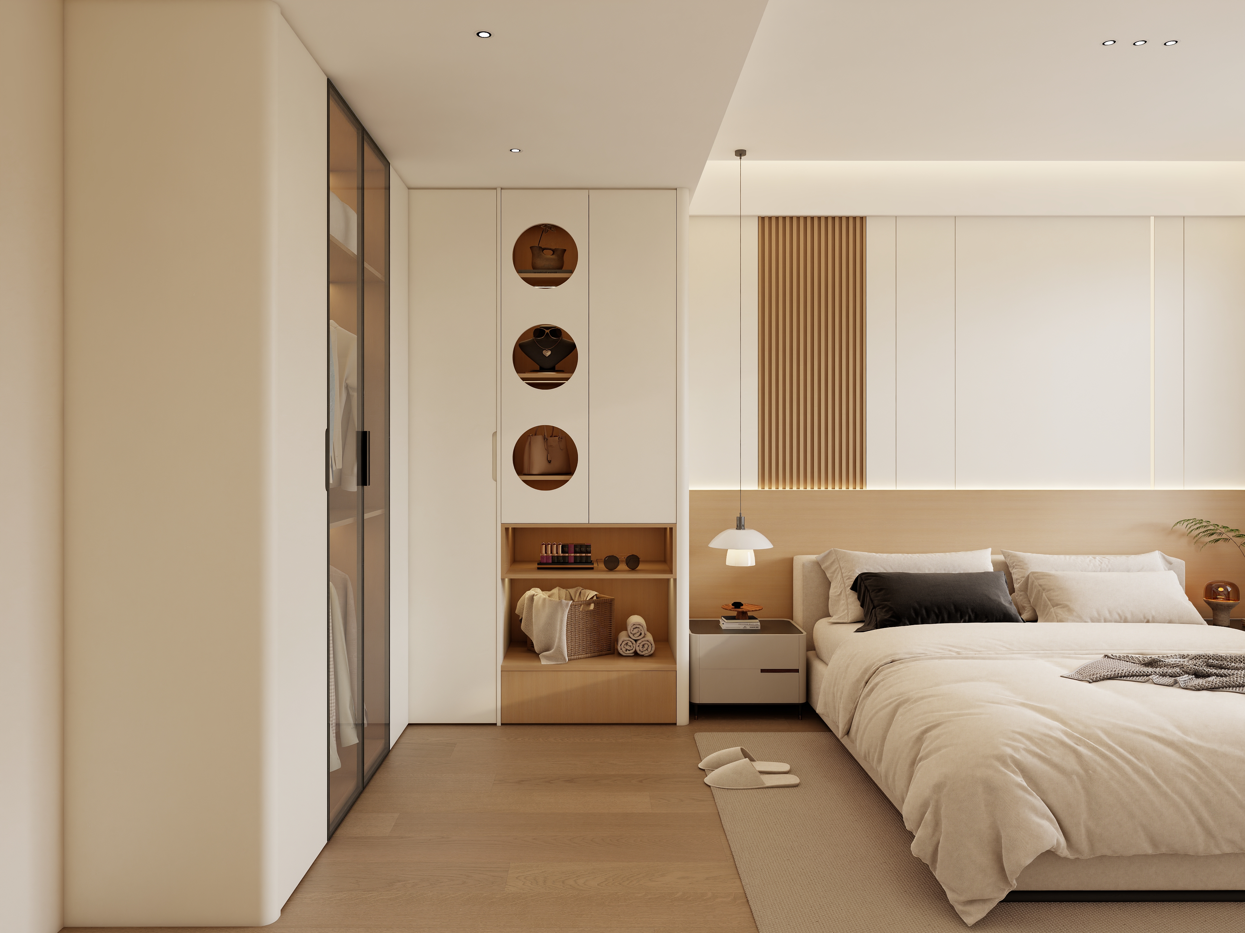 X-Bond&rsquo;s integrated bedroom design: built-in wardrobe, wooden storage wall, and matching bedside tables