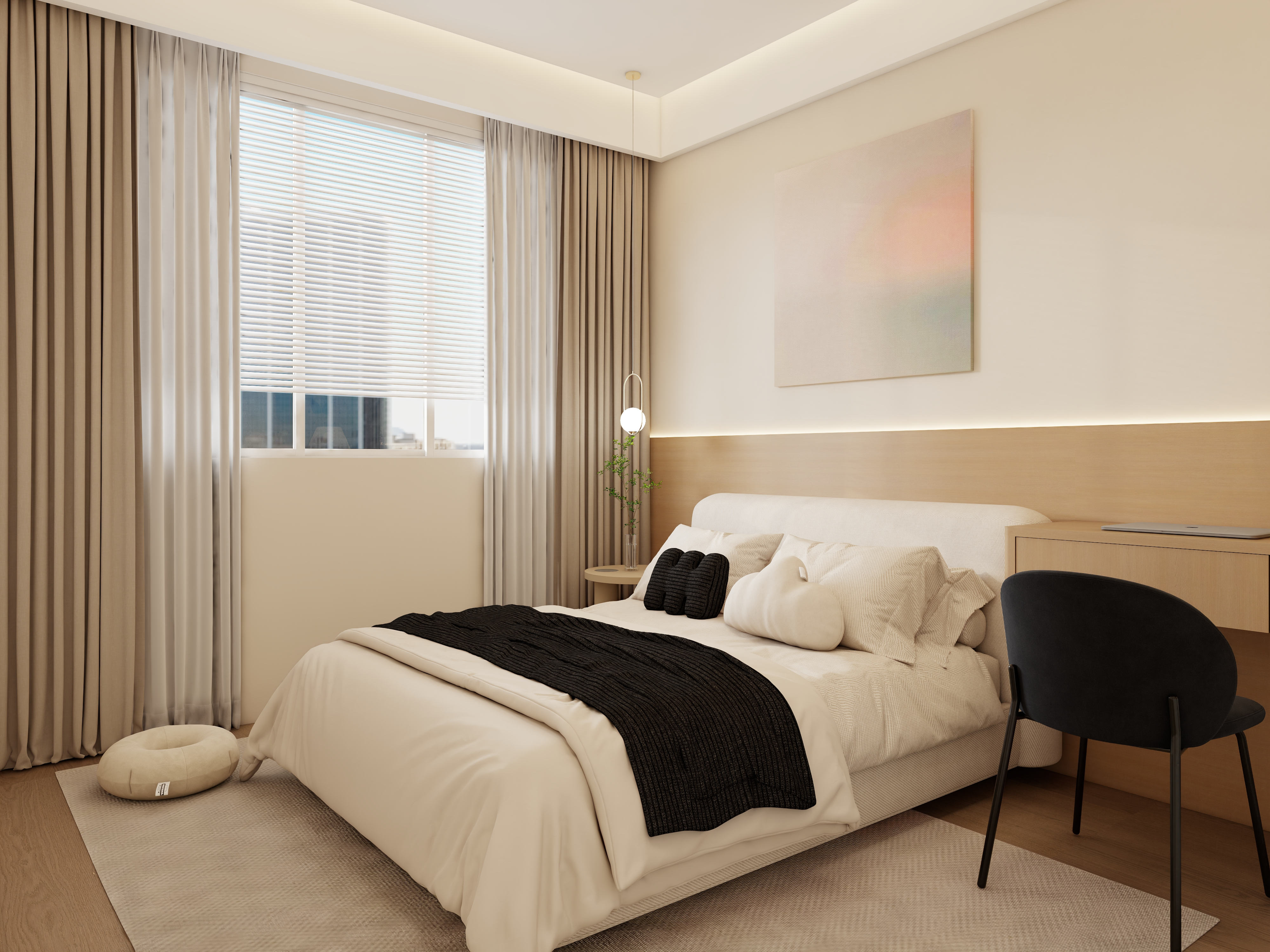 Abstract painting in X-Bond&rsquo;s bedroom adding artistic contrast to clean-lined furniture