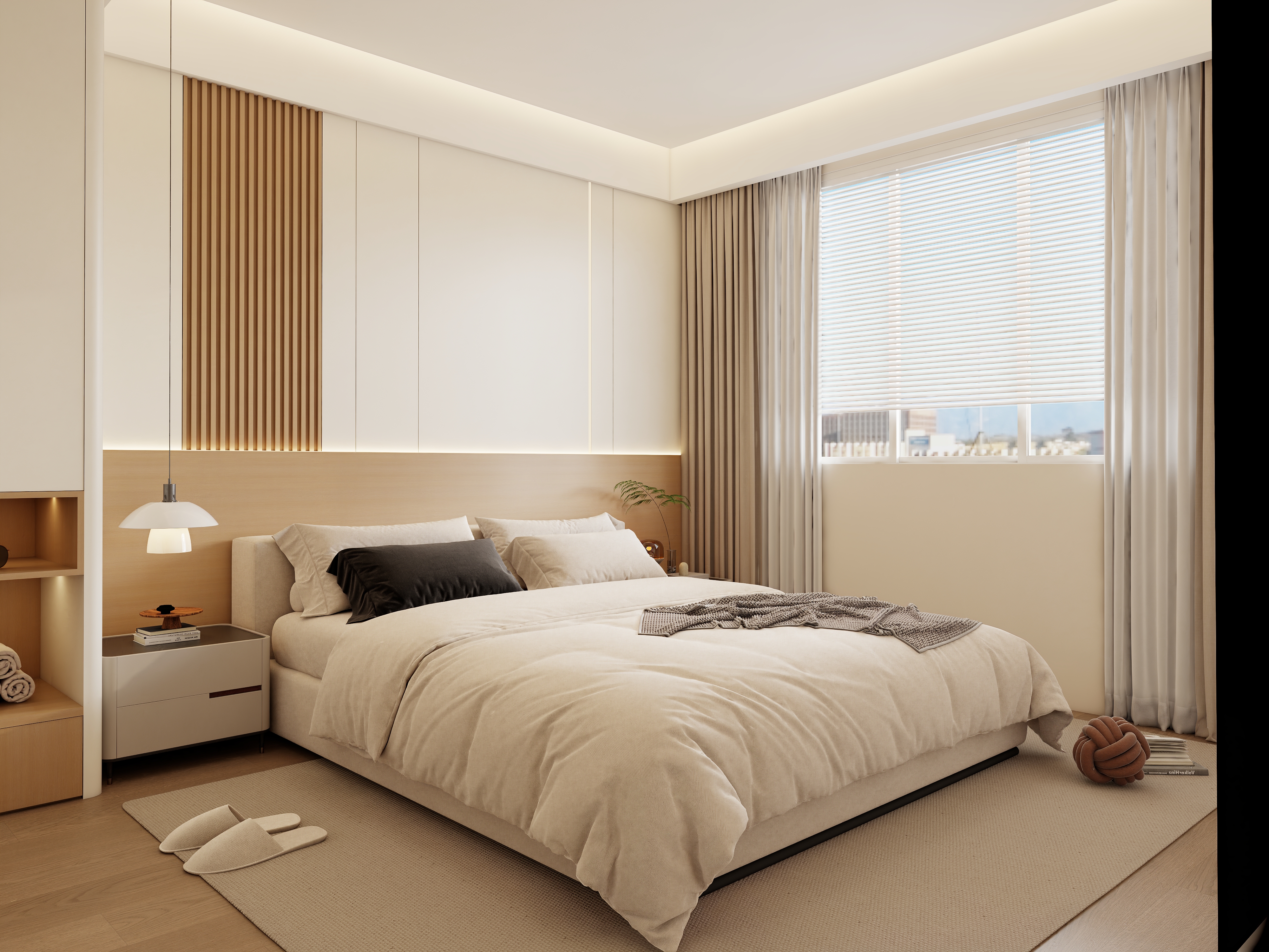 X-Bond&rsquo;s layered bedding: cream comforter, gray throw, and black/white pillows on a low-profile platform bed