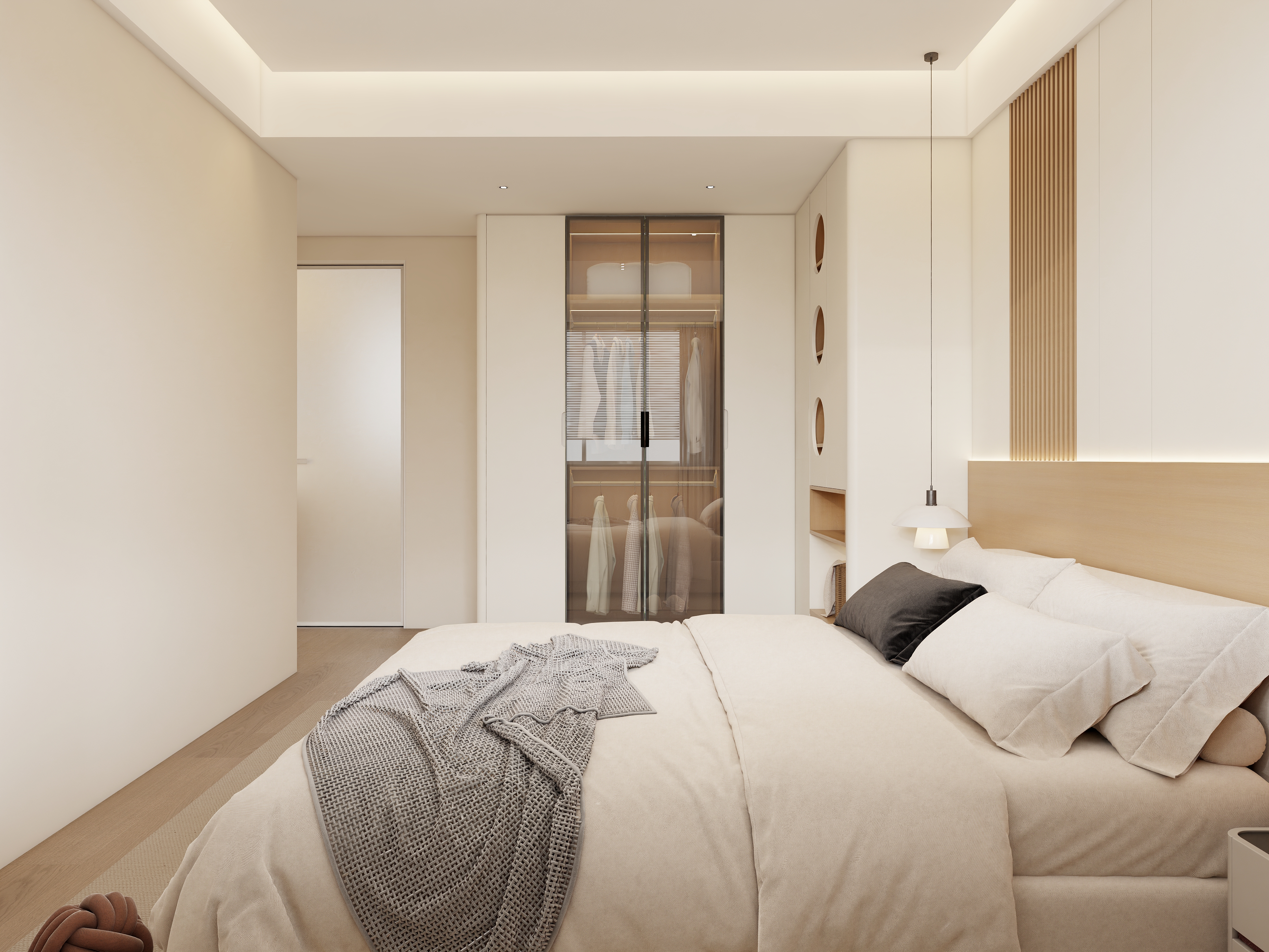 Natural light from window blinds illuminating X-Bond&rsquo;s circular open shelves displaying woven baskets and decor