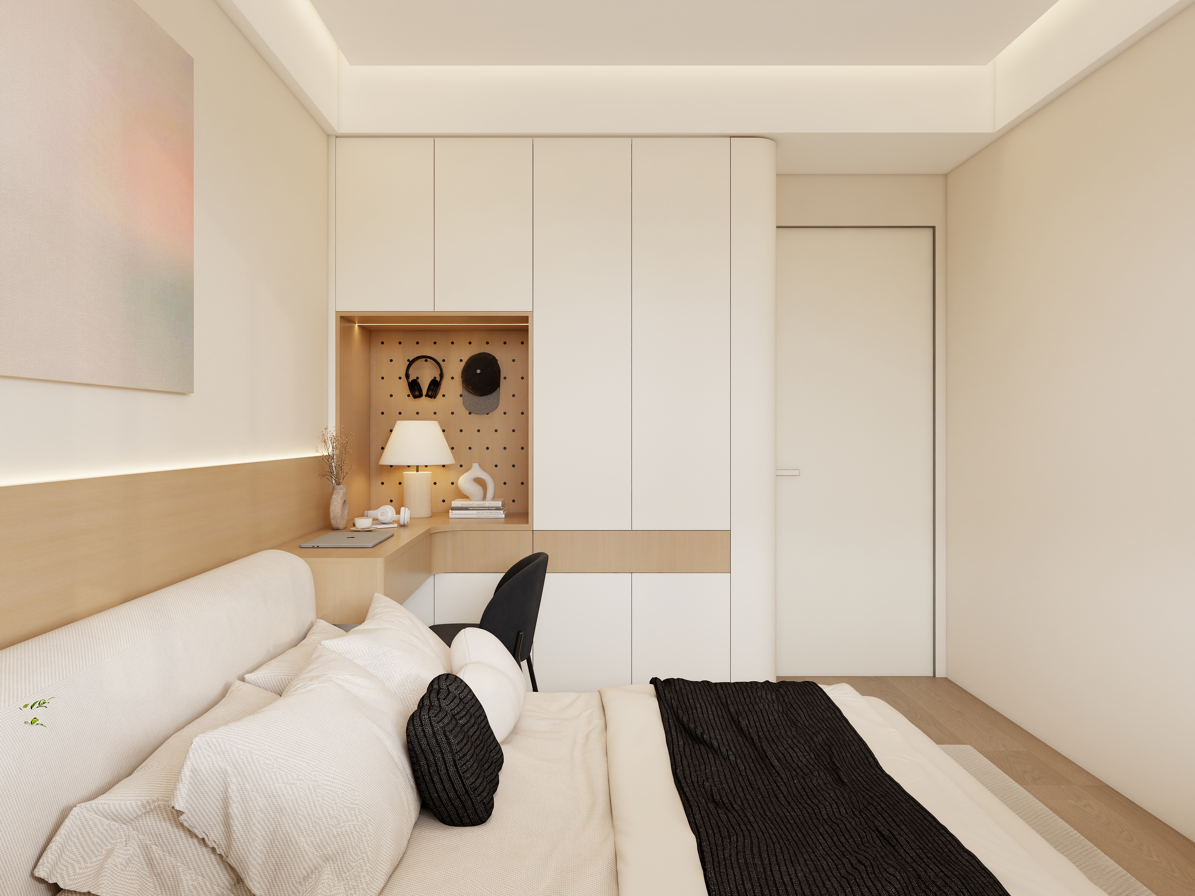 Top-down view of X-Bond&rsquo;s bedside area: minimalist alarm clock and ceramic vase on nightstand