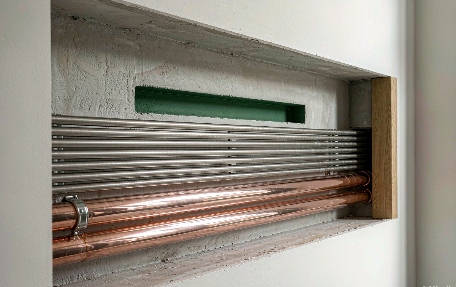 Conduits and copper pipes arranged in precise parallel runs inside a wall chase