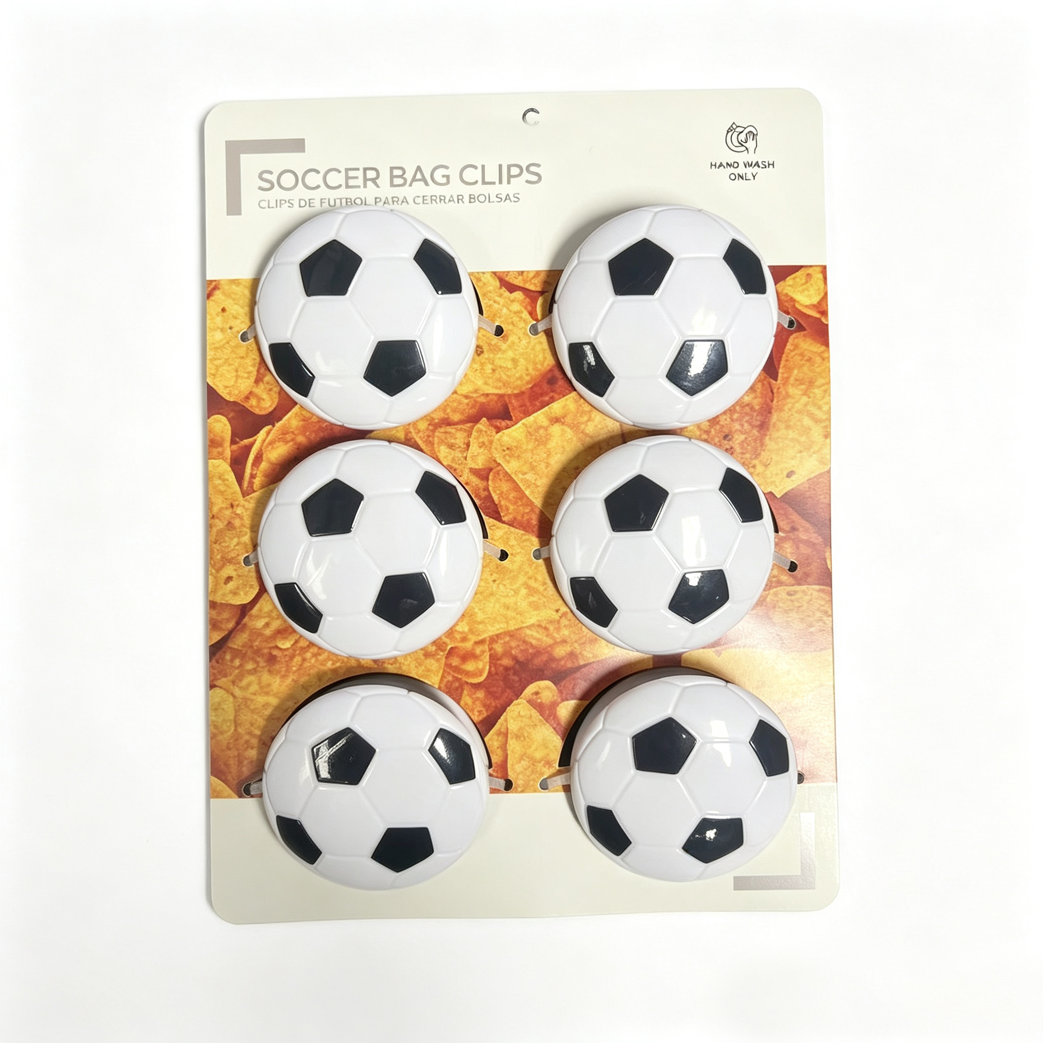 6 pack Crofton soccer bag clips classic black white soccer ball snack sealing clips retail hanging card