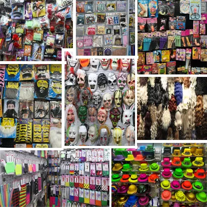 Bulk Halloween costume accessories, fancy dress masks, party hats, fake mustache beard, spooky prank props, carnival cosplay supplies for resellers