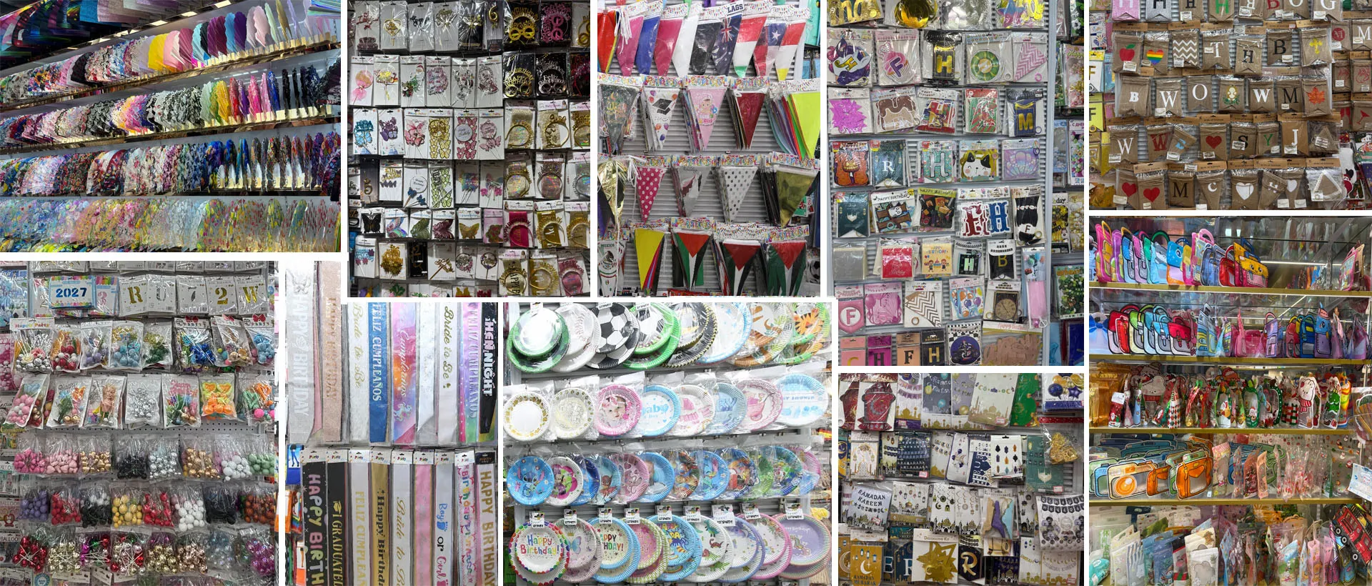 Bulk assorted party decorations, happy birthday banners, alphabet letter garlands, party sashes, confetti, paper plates, party favors for wholesale resellers