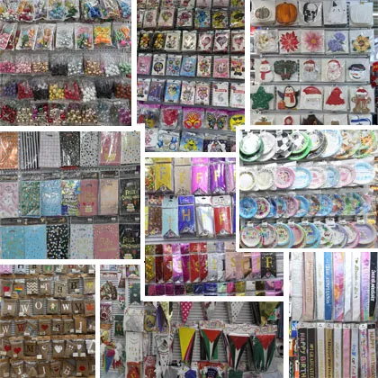 Bulk assorted party decorations, happy birthday banners, alphabet letter garlands, party sashes, confetti, paper plates, party favors for wholesale resellers