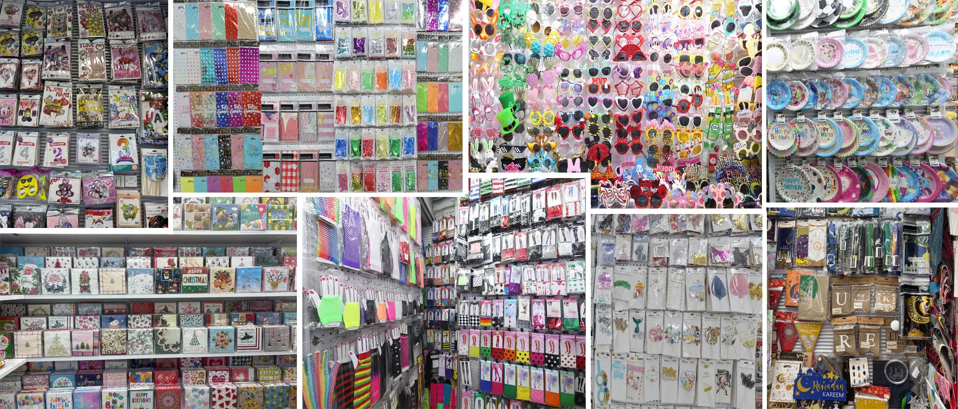 Bulk assorted party goods, paper tableware, party photo booth props, greeting cards, festive gift bags, holiday party decorations wholesale for resellers