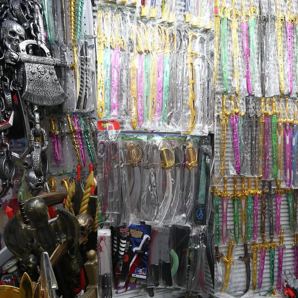 Plastic party weapon props, toy swords axes daggers kit, cosplay costume accessories for halloween fancy dress party bulk