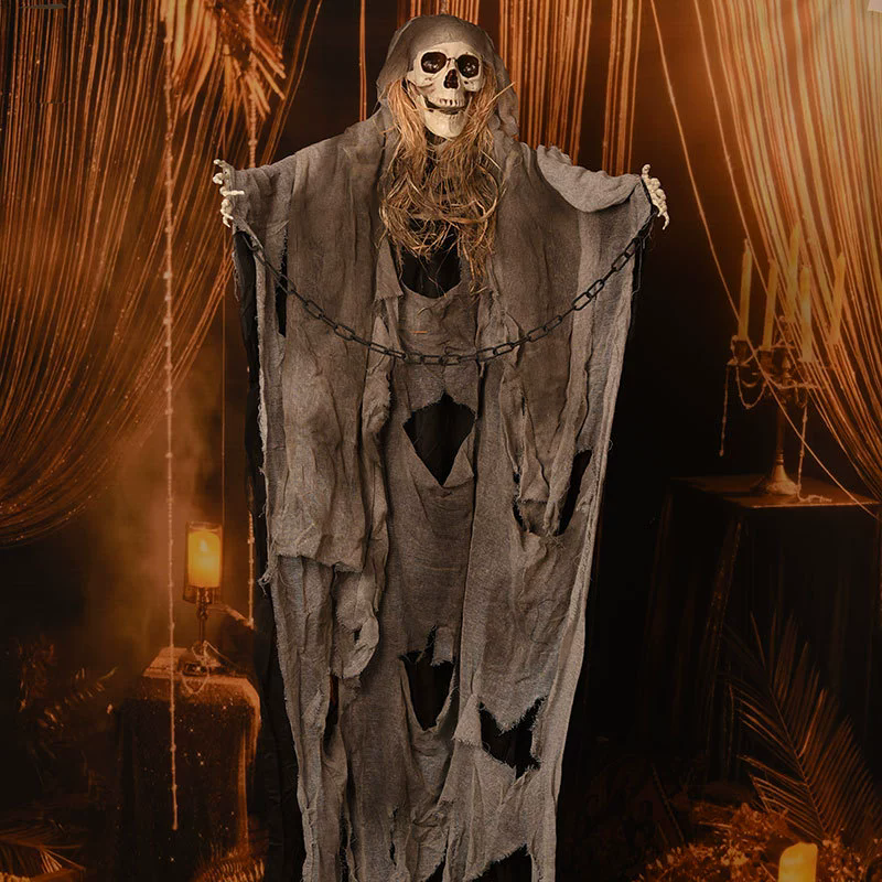 Large Hanging Skeleton Ghost – Floating Skeleton with Tattered Robe & Chain for Haunted House & Yard Decor