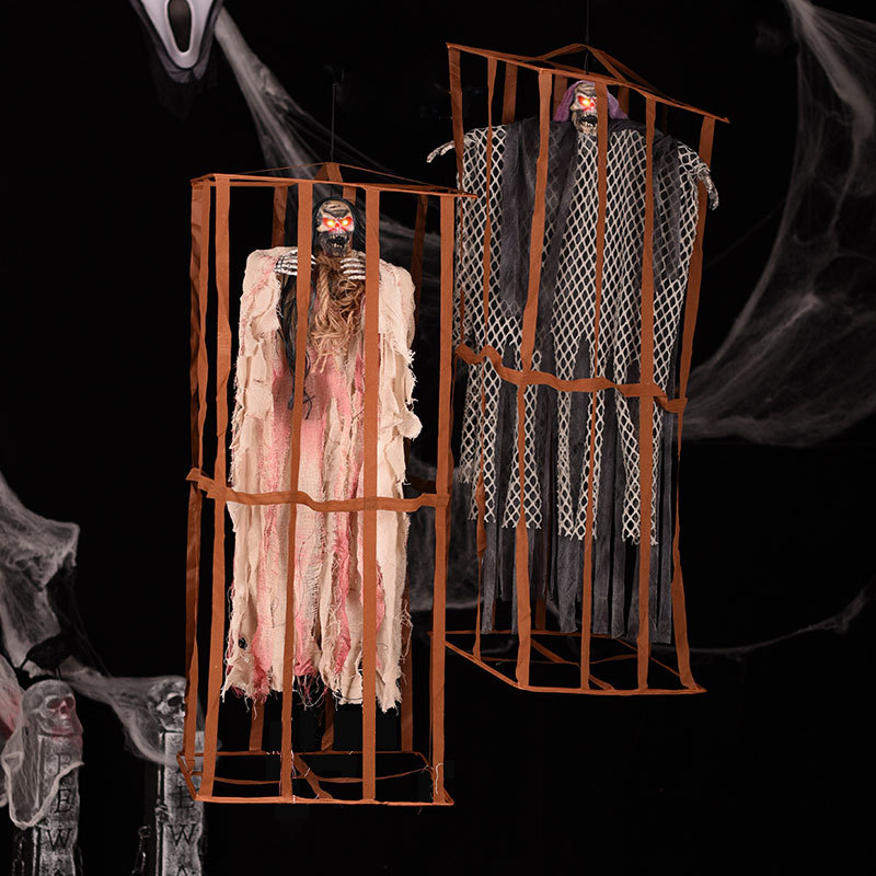 Sound Activated Hanging Ghost – Caged Skeleton with Tattered Cloth & Light for Haunted House Halloween Decor