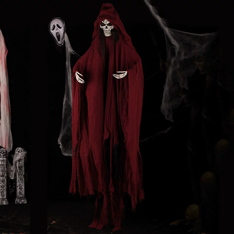 Hanging Skeleton Ghost – Creepy Skull Ghost with Tattered Robe & Chain for Haunted House & Halloween Yard Decor