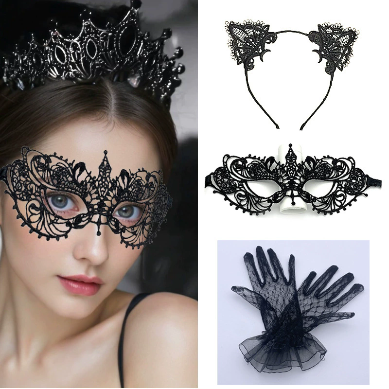 Lace Cat Mask Set – Masquerade Eye Mask with Gloves & Cat Ear Headband for Women, Cute Kitty Costume for Halloween & Fancy Dress
