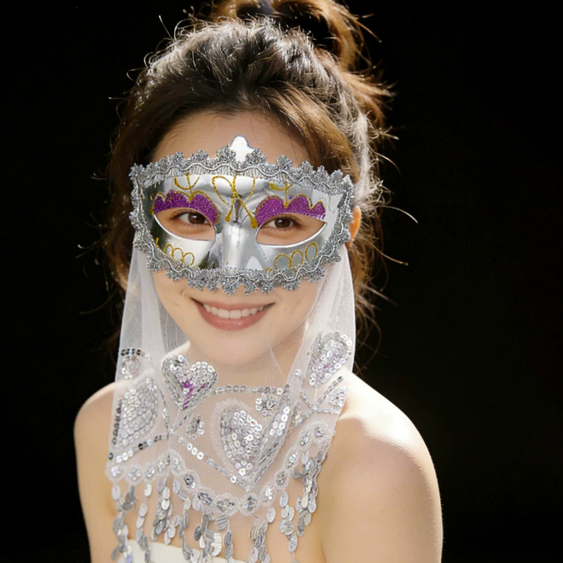 Indian Belly Dance Mask with Veil – Gold Glitter Sequin Half Face Masquerade Mask for Women  Party Costume Accessory