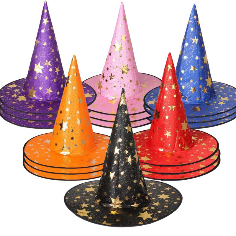 Kids & Adults Star Print Witch Hat – Halloween Party Prop, Wizard Costume Cap with Stars
