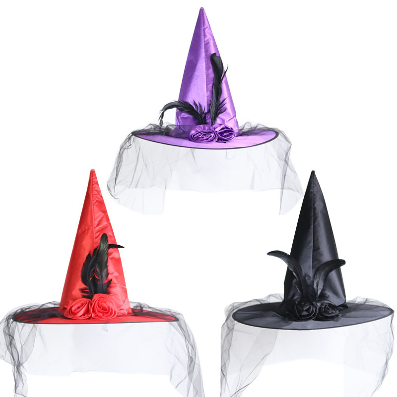 Halloween Rose Flower Witch Hat with Netting – Kids and Adults Tulle Wizard Cap for Masquerade Party