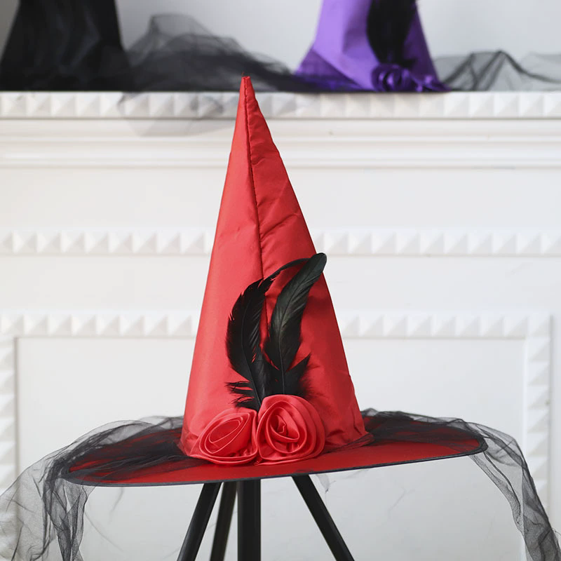 Halloween Rose Flower Witch Hat with Netting – Kids and Adults Tulle Wizard Cap for Masquerade Party