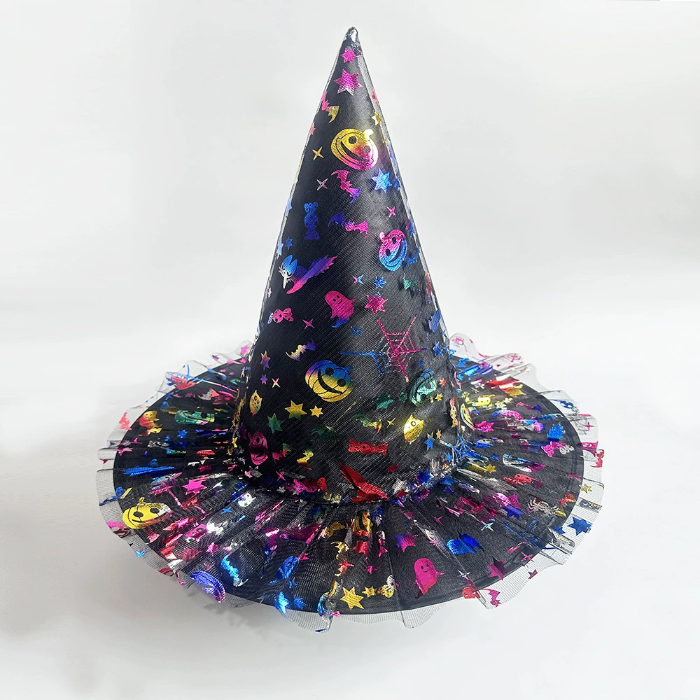 Full Color Printed Netting Witch Hat – Colorful Patterned Tulle Wizard Cap for Adults, Kids, Halloween Party