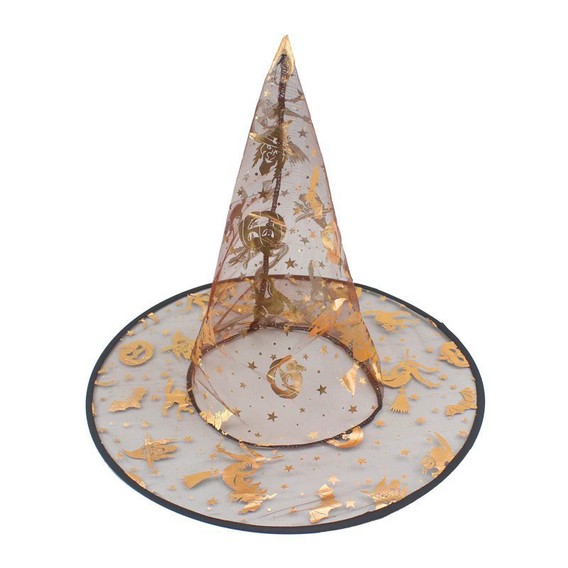Halloween Witch Hat with Pumpkin & Gold Foil – Metallic Tulle Wizard Cap for Party Decoration