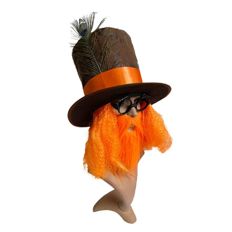 Orange Wig with Peacock Feathers – Hat and Fake Hair Combo for Halloween Cosplay Prop