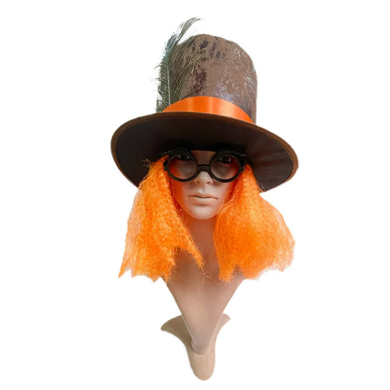 Orange Wig with Peacock Feathers – Hat and Fake Hair Combo for Halloween Cosplay Prop