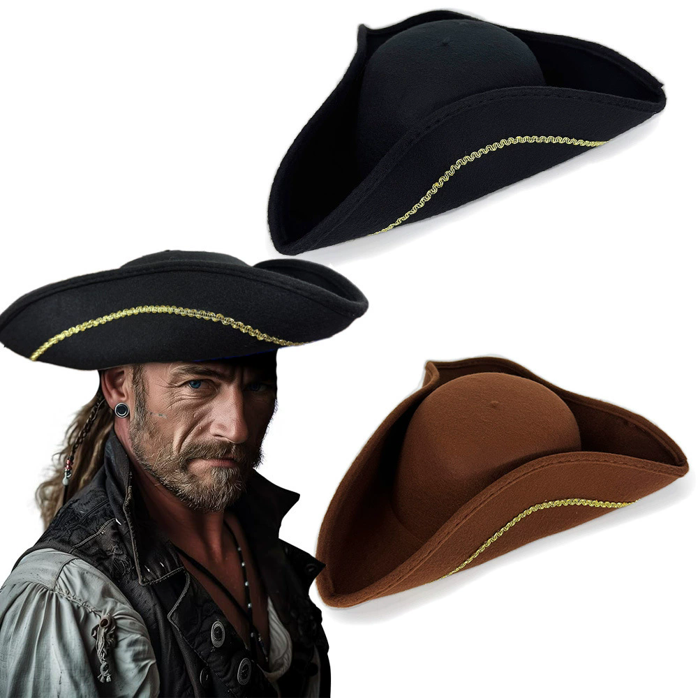 Brown Tricorn Pirate Hat with Small Gold Border – Flannel Caribbean Pirate Cap for Halloween Stage Prop