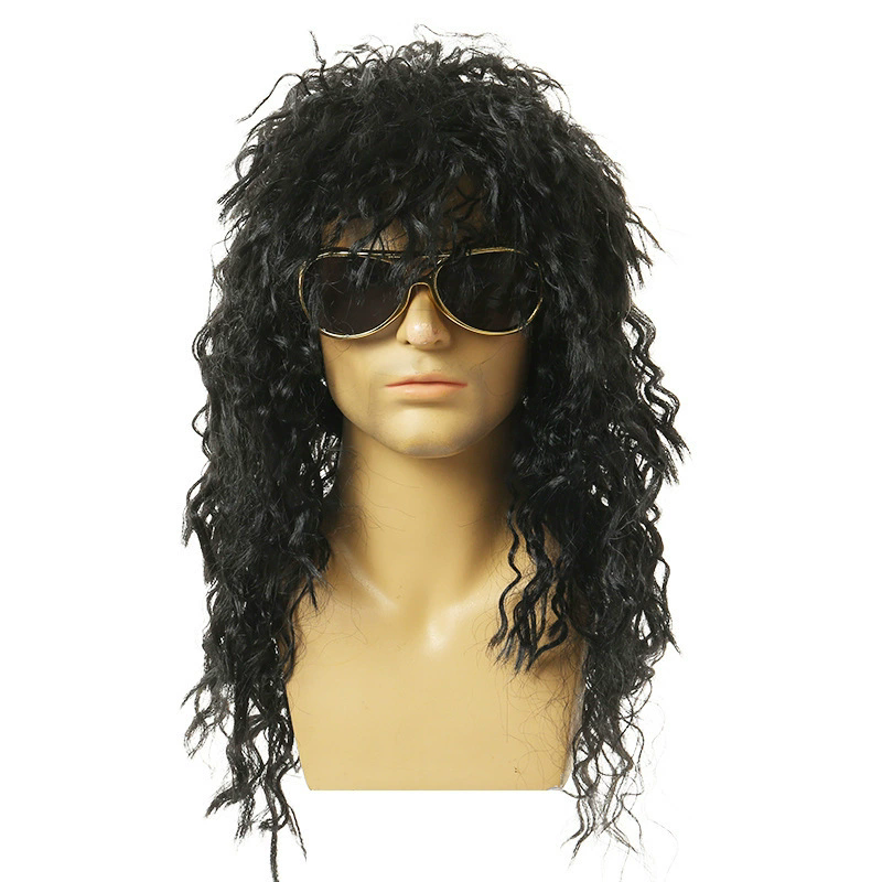 Men's 70s Vintage Black Wig – Retro Curly Disco Punk Rock Wig for Adult Halloween Cosplay Costume