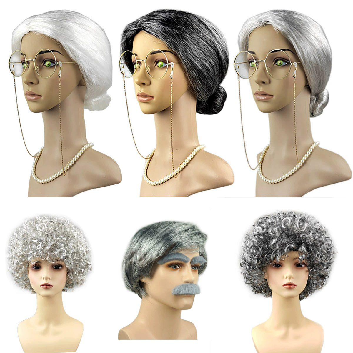 Grey Curly Bun Wig for Old Lady Costume – Silver Granny Hair Updo for Women Halloween Party Prop