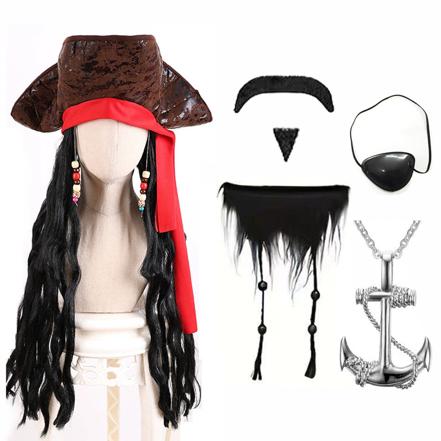 Captain Jack Sparrow Style Wig with Faux Leather Pirate Hat – Men's Caribbean Pirate Costume Set for Halloween