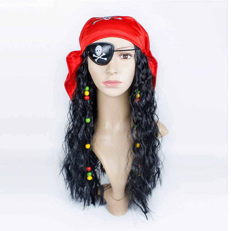 Captain Hook Wig with Red Bandana – Men's Long Black Curly Pirate Wig for Halloween Cosplay Costume