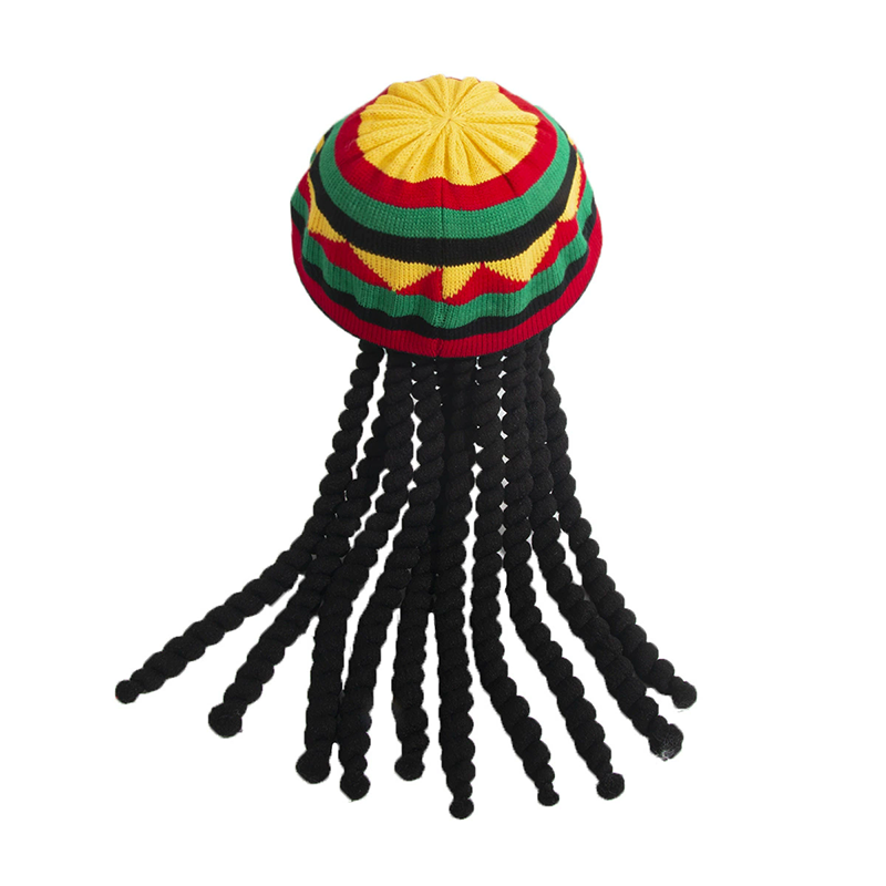 Rasta Reggae Hat with Dreadlocks – Jamaican Beret Knit Octagonal Cap with Fake Hair for Halloween Costume
