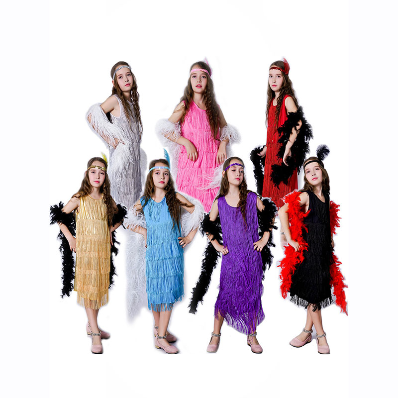 Girls Vintage Latin Dance Costume, Tassel Fringe Skirt for Stage Performance Party Dress