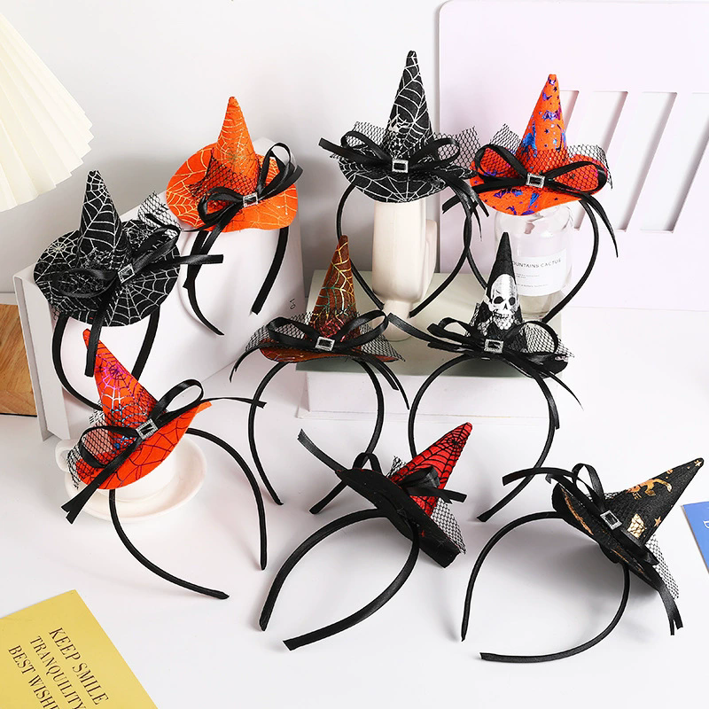 Halloween Spider Web Witch Hat Headband – Classic Witch Hairband with Spiderweb Decoration for Party Prop