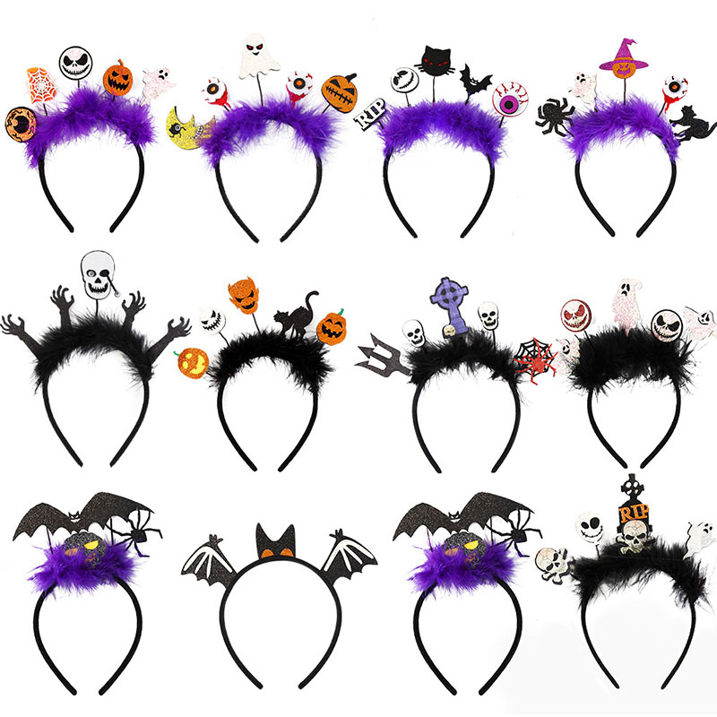 Halloween Ghost Bat Feather Headband – Spooky Hairband with Ghost, Bat & Feather Decorations for Women & Kids